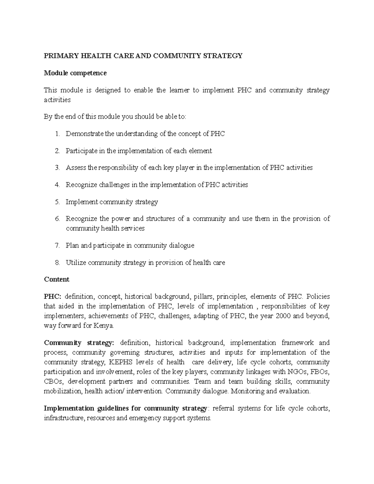 Primary Health Care and Community Strategy Overview (Module 1-1) - Studocu