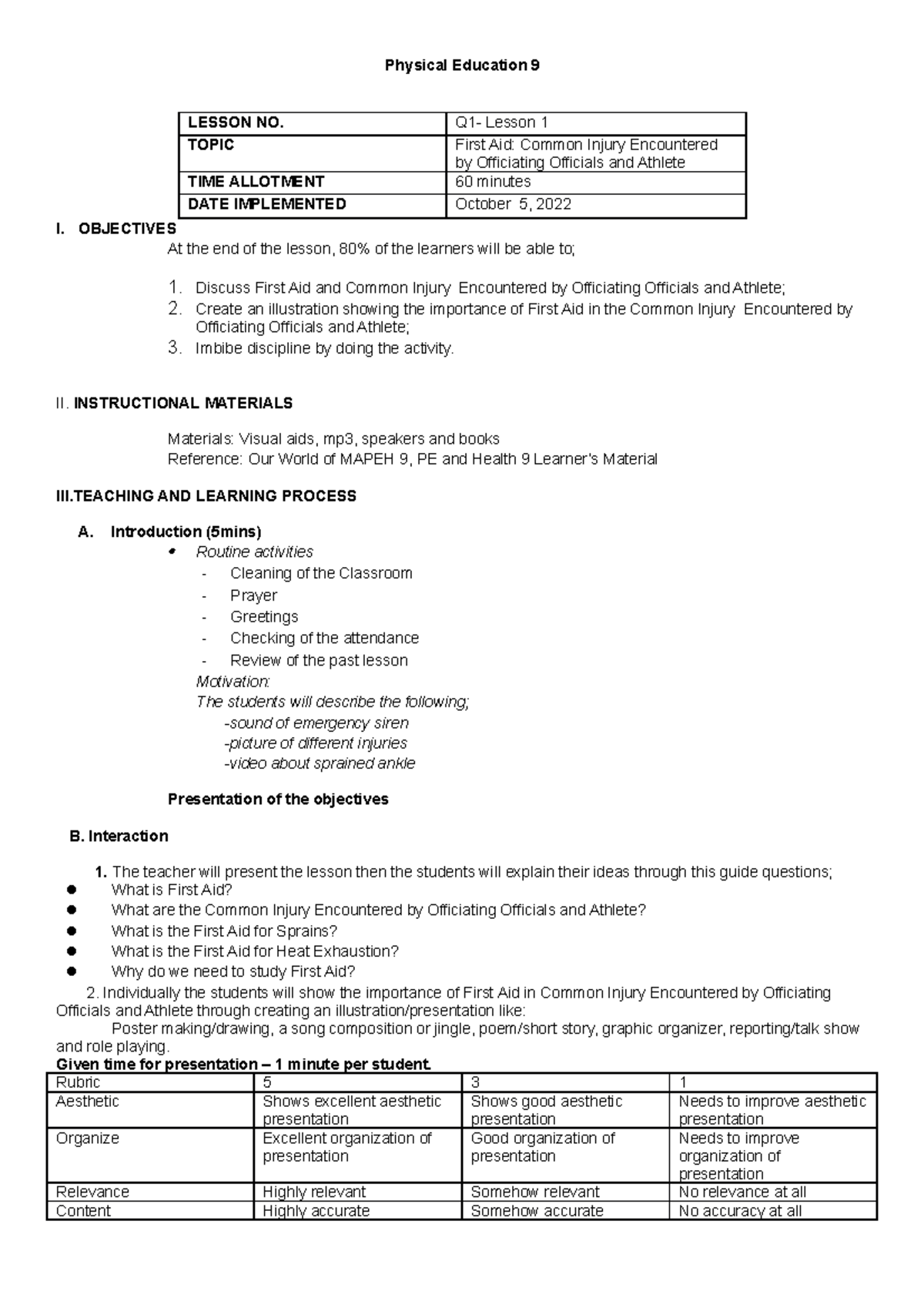 LP First Aid PE9 - Common Injuries and Response in Sports Lesson - Studocu