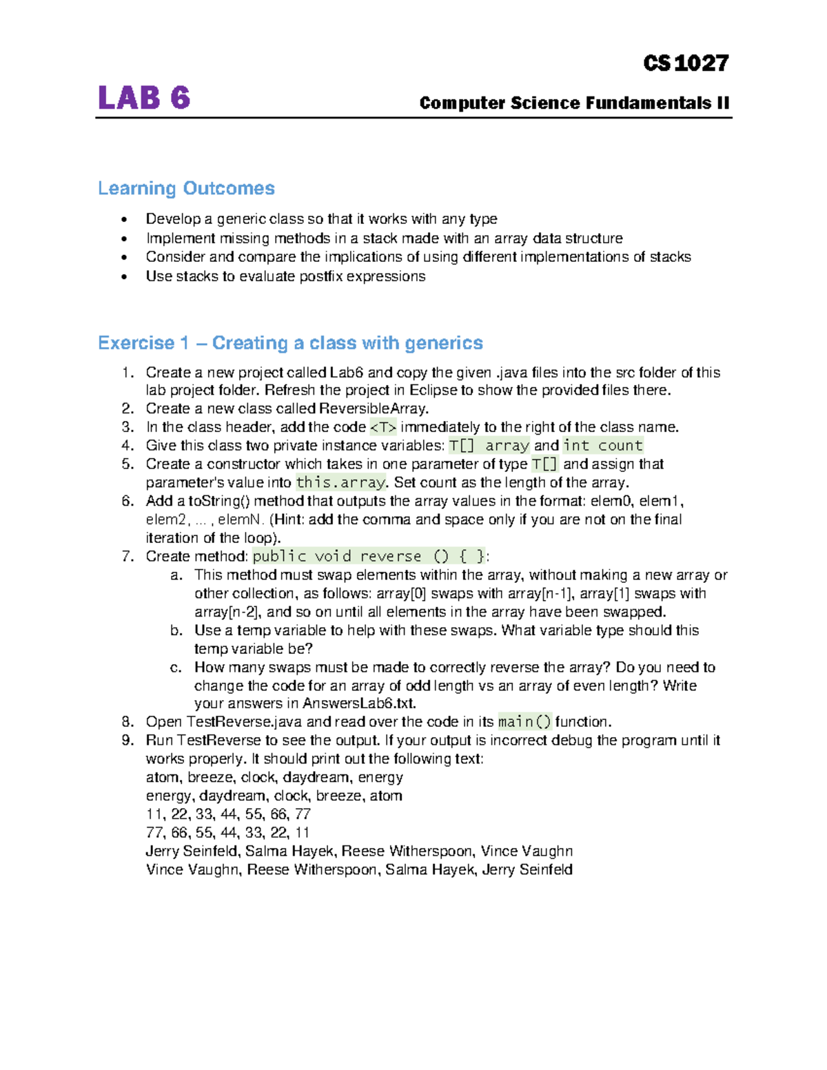 CS1027 LAB 6 Computer Science Fundamentals II: Stack Implementations ...