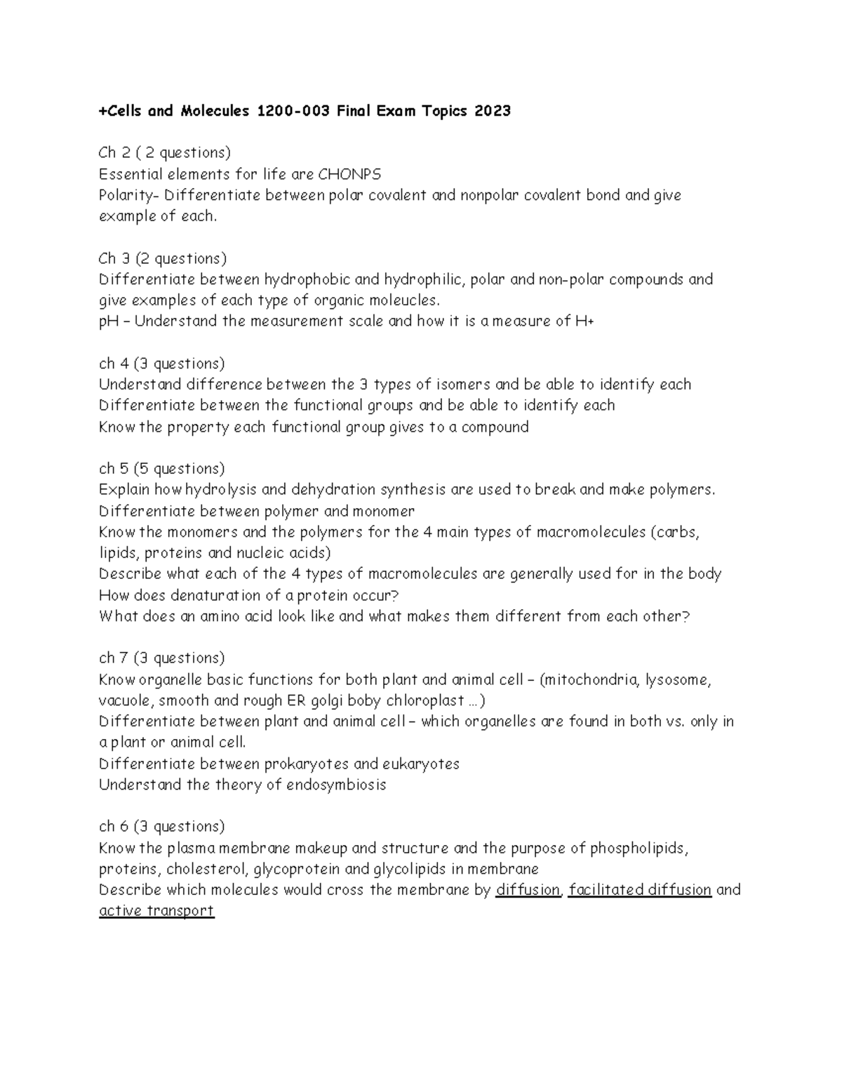 Cells and Molecules 1200-003 Final Exam Study Guide 2023 - Studocu