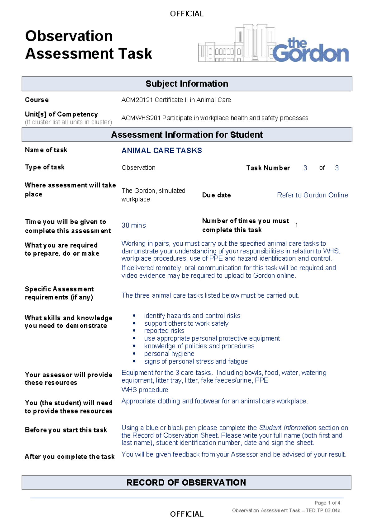 ACM20121 Animal Care Observation Assessment Task 3 - WHS Procedures ...