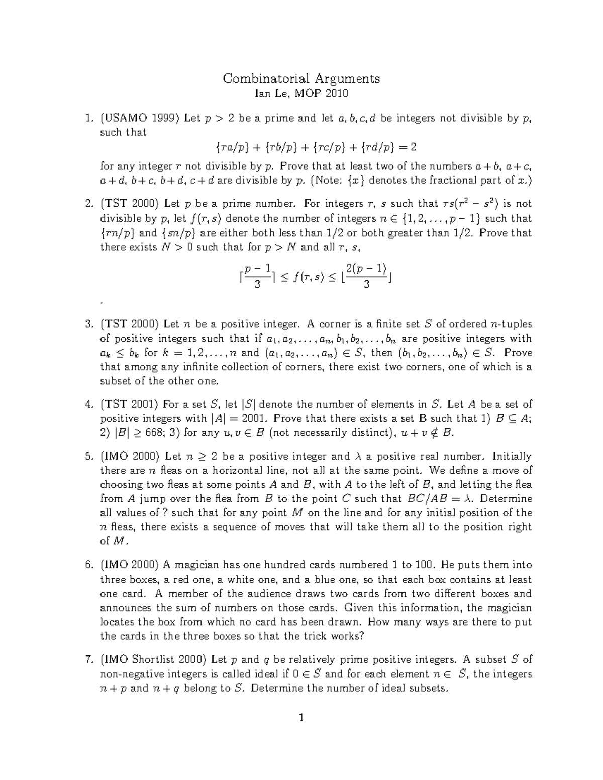 Combinatorics MOP 2010 - Problems & Solutions Collection - Studocu