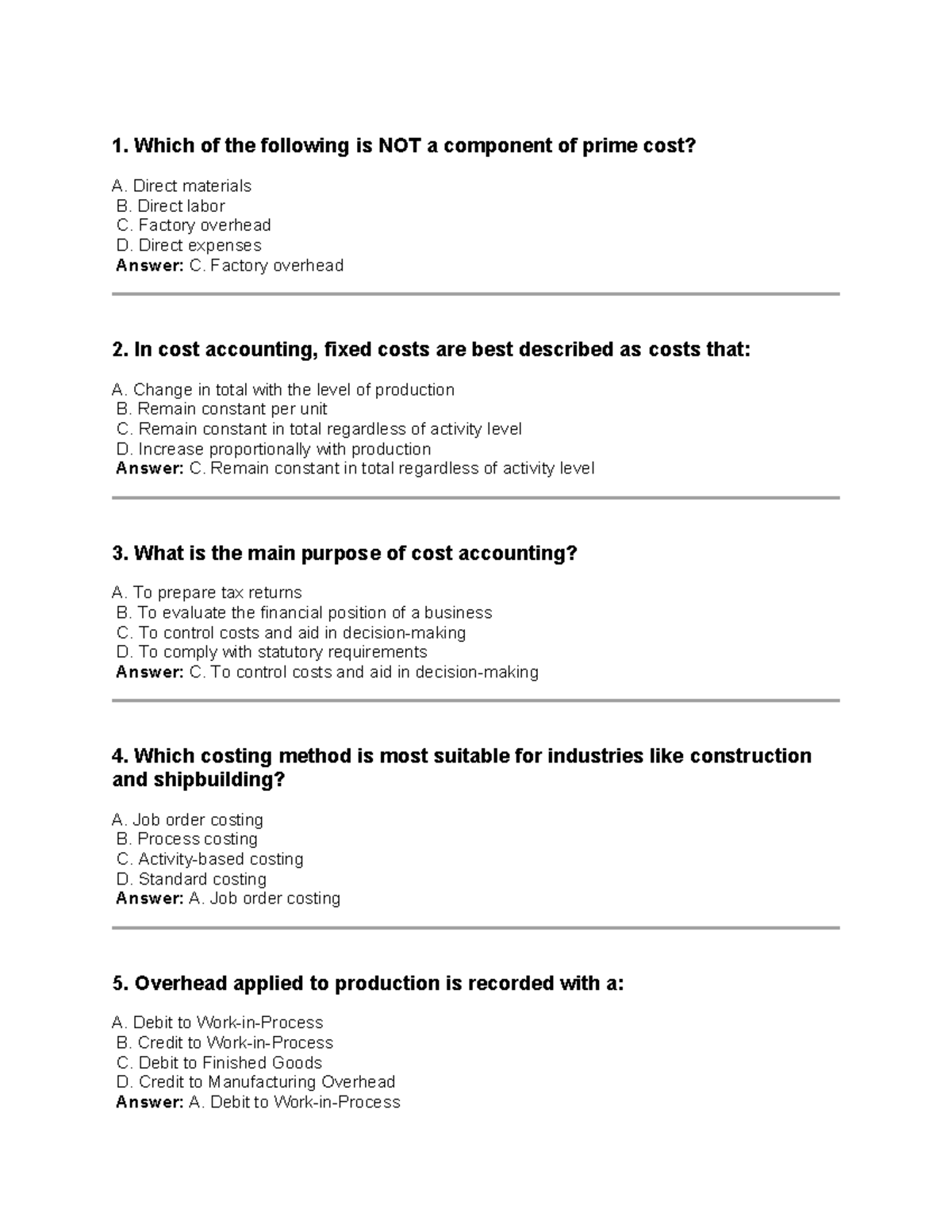 COST Accounting Quizzer: Key Concepts and Questions for Review - Studocu