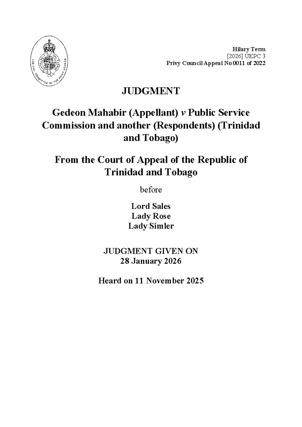 Gedeon Mahabir v Public Service Commission: UKPC 3 Appeal Judgment ...