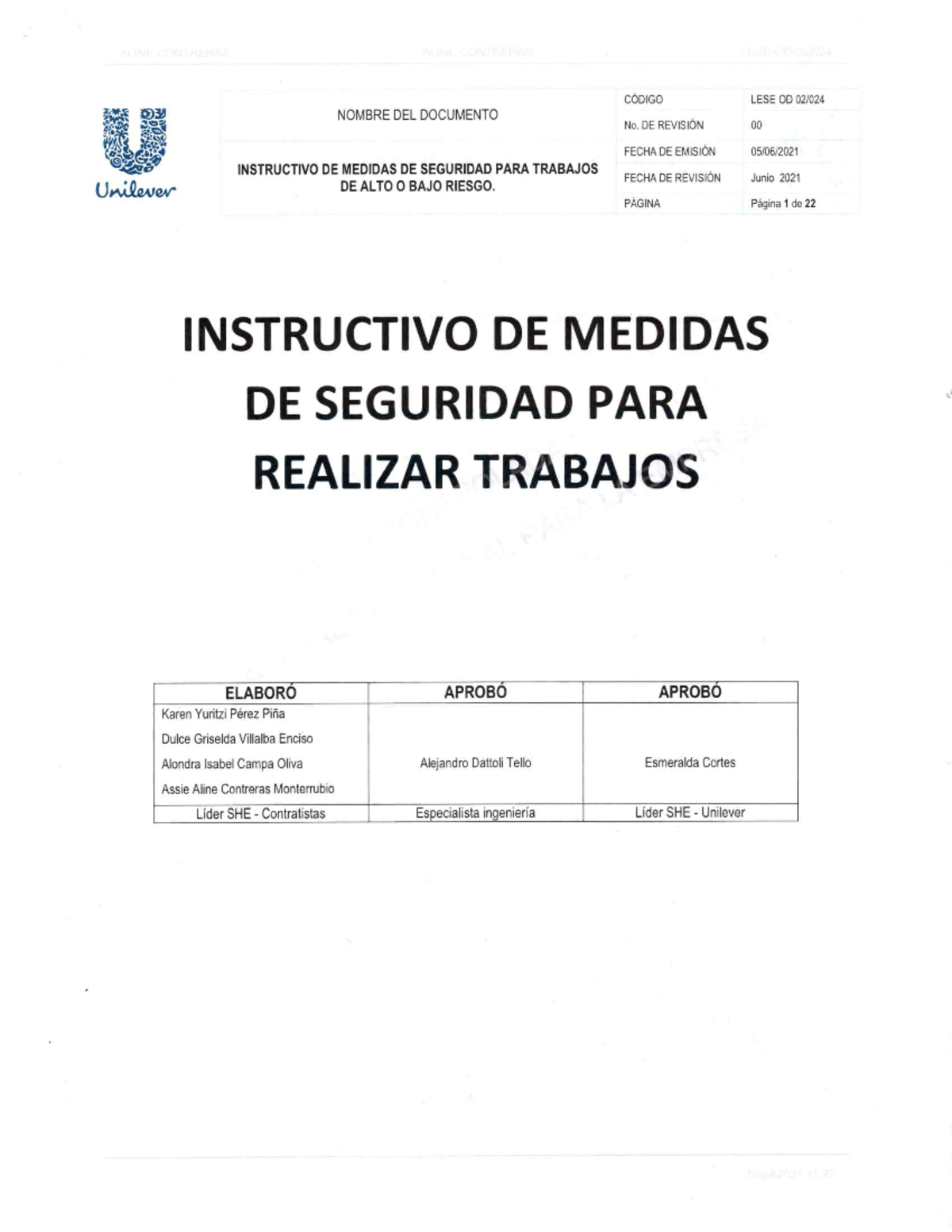 Instructivo de Seguridad para Trabajos de Alto y Bajo Riesgo - Unilever ...