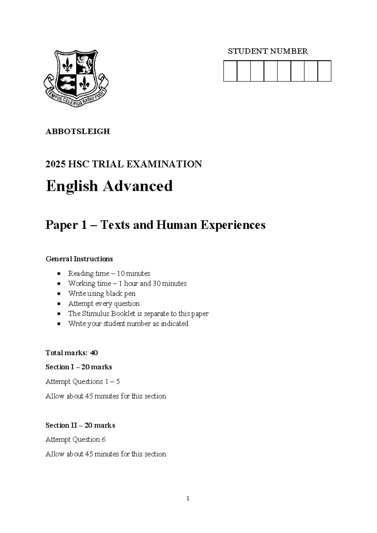 Abbotsleigh 2025 HSC Trial Exam: English Advanced Paper 1 Questions ...