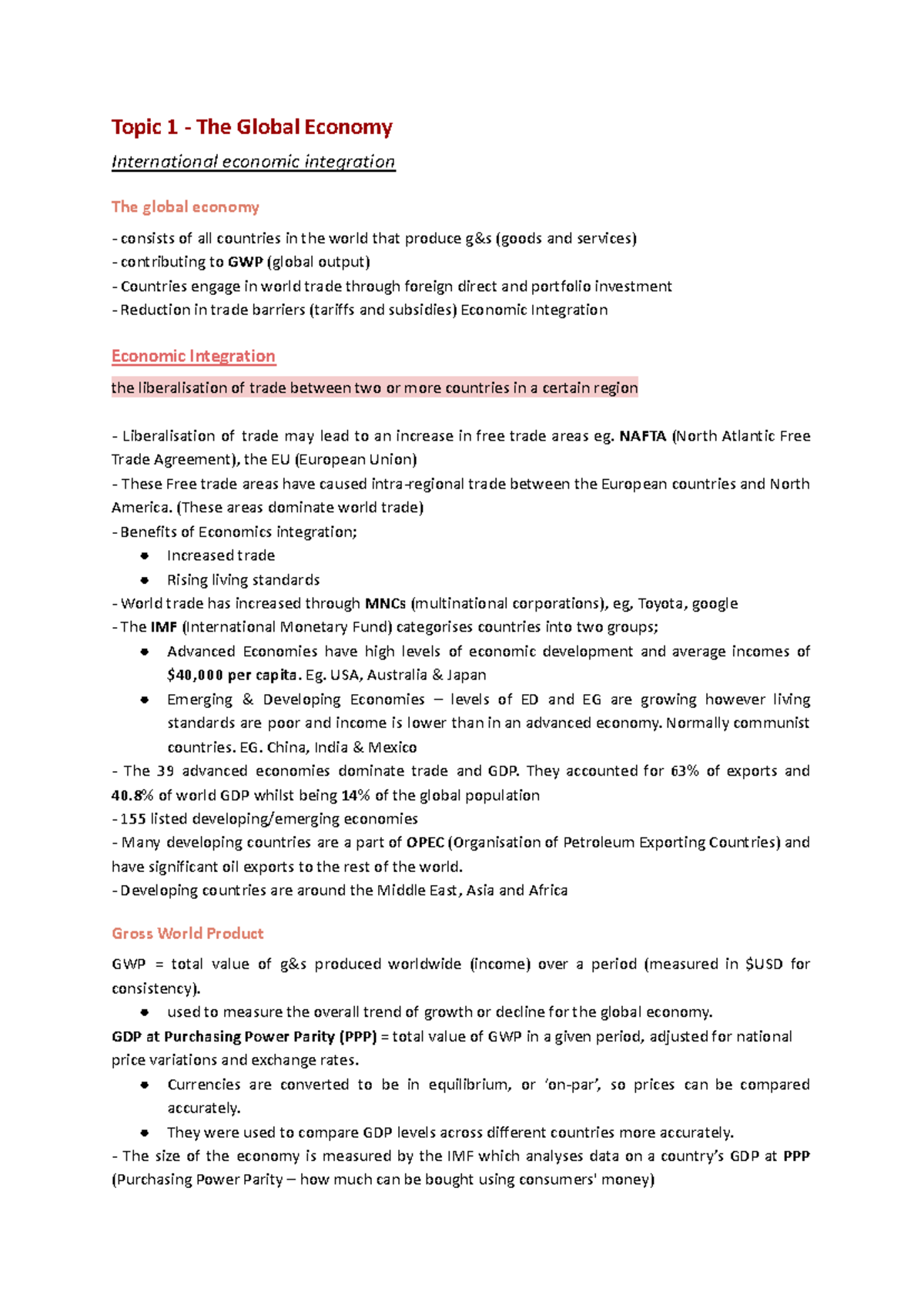 Hsc Economics - Hsc topic 1 and 2 economic notes - Topic 1 - The Global ...