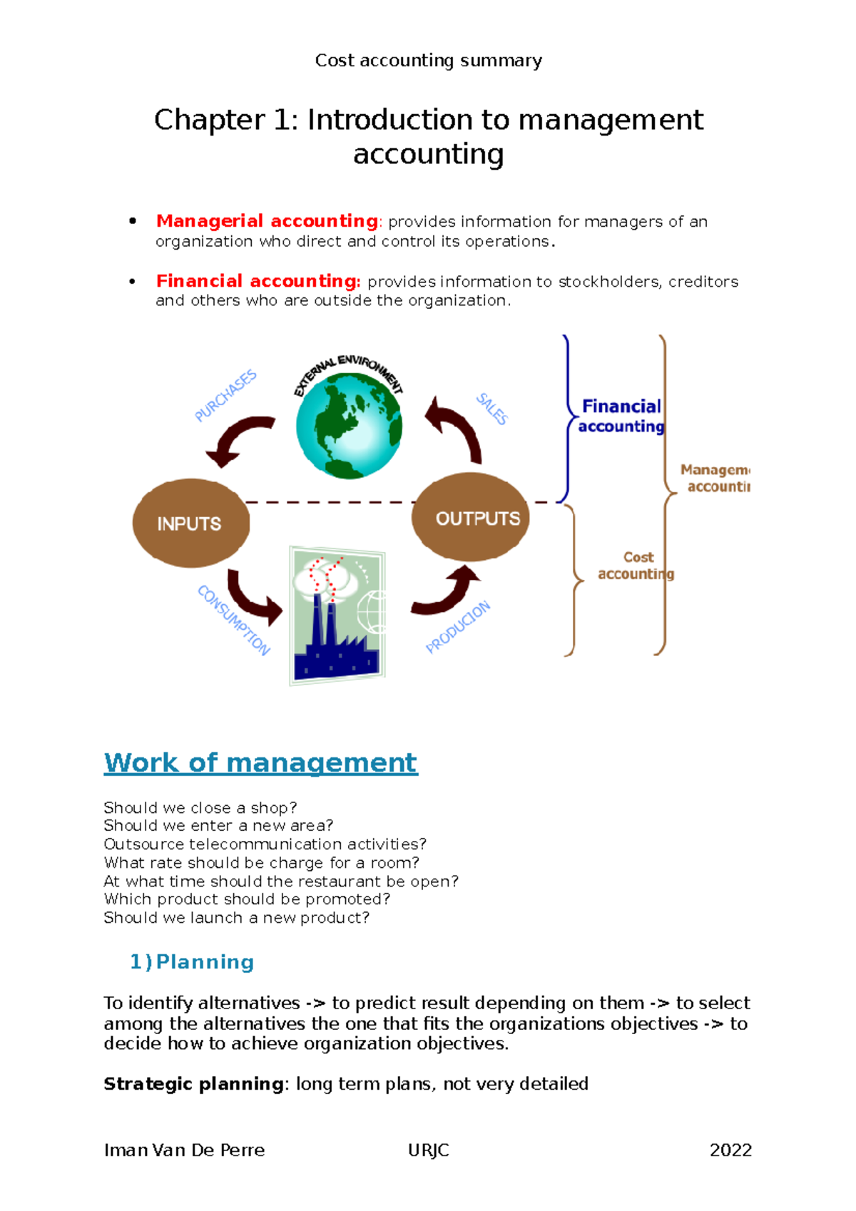 Cost Accounting Summary: Key Concepts and Management Procedures - Studocu