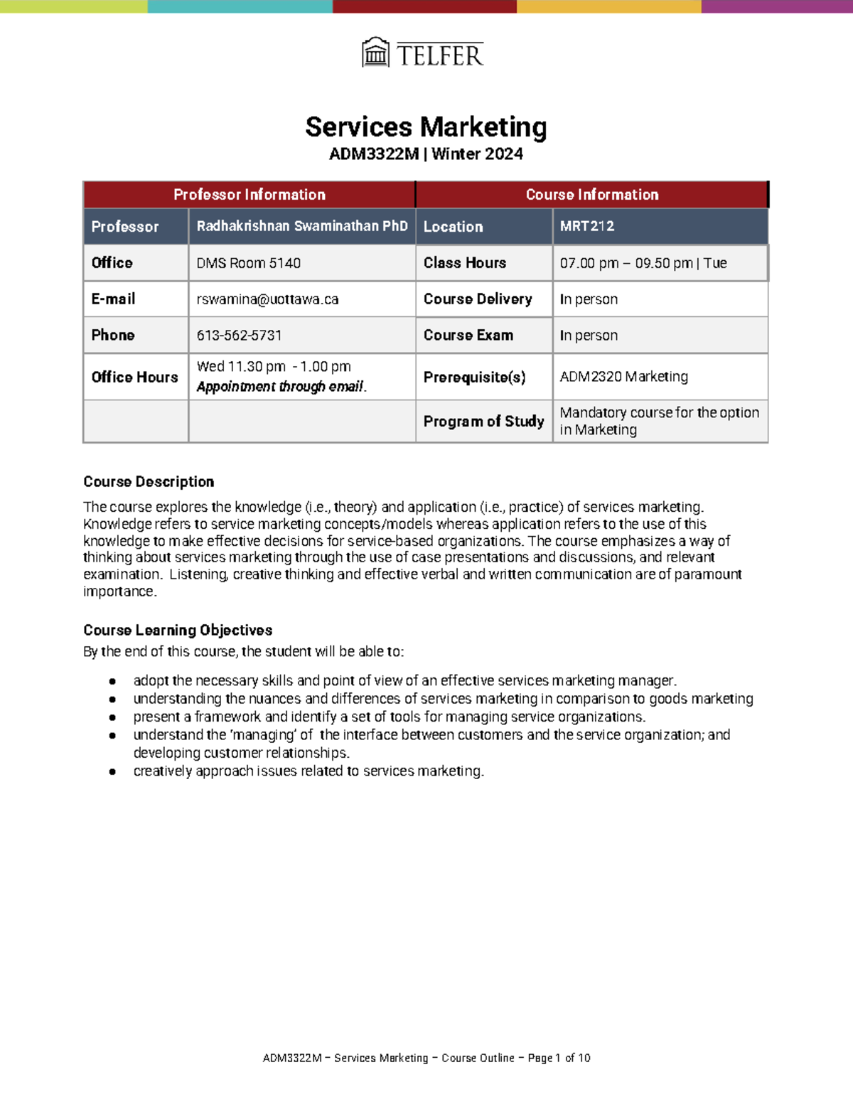 Winter 2024 ADM3322M Services Marketing Course Outline and Assessment ...