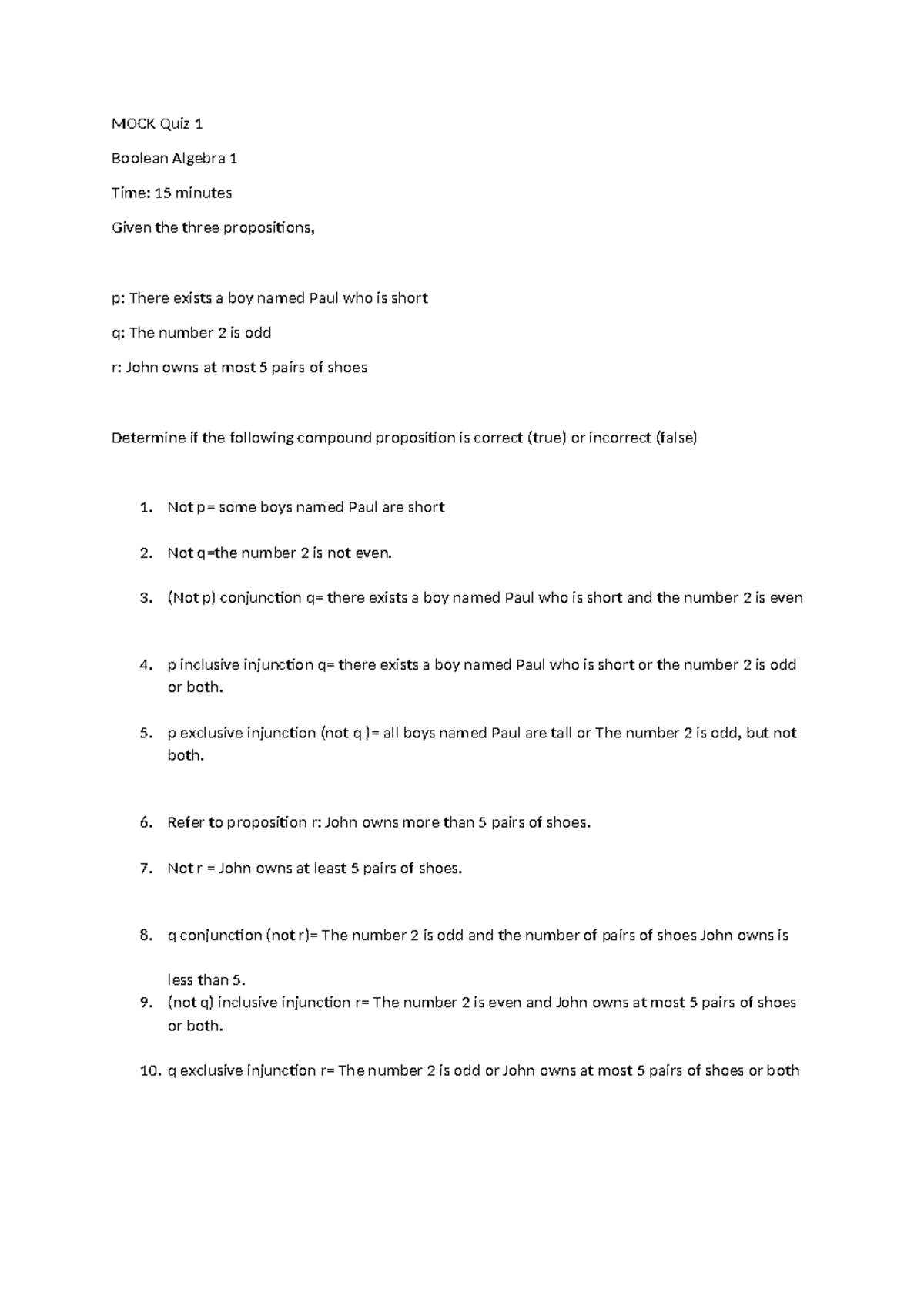 MOCK Quiz 1: Boolean Algebra 1 for Course 239 - 15 min Review - Studocu