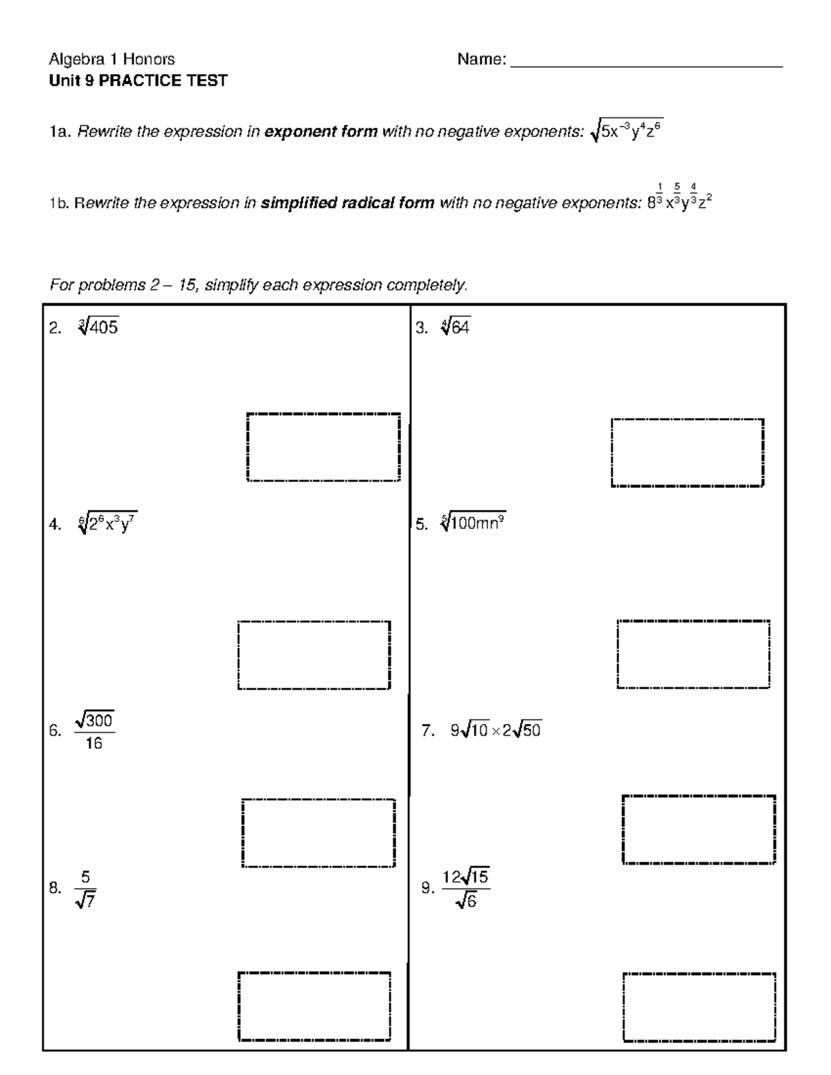 Algebra 1 Honors Unit 9 Practice Test - Exponents & Radicals - Studocu