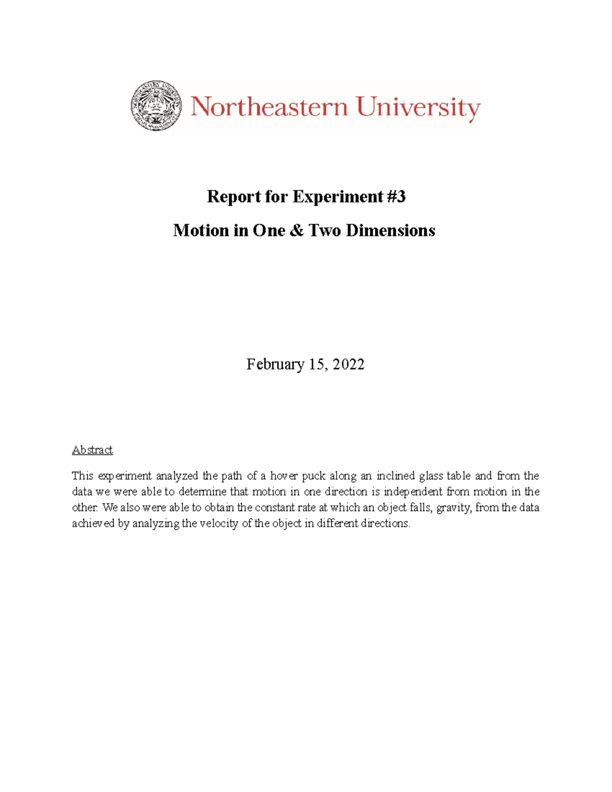 Report on Experiment #3: Analyzing Motion in One & Two Dimensions - Document Preview