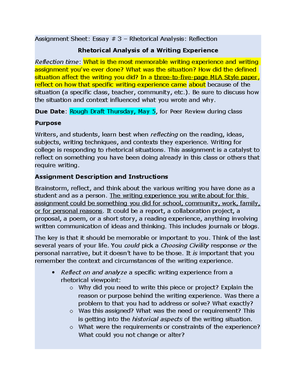 Assignment 3 Writing Reflection TTH Spr 22 - Assignment Sheet: Essay ...