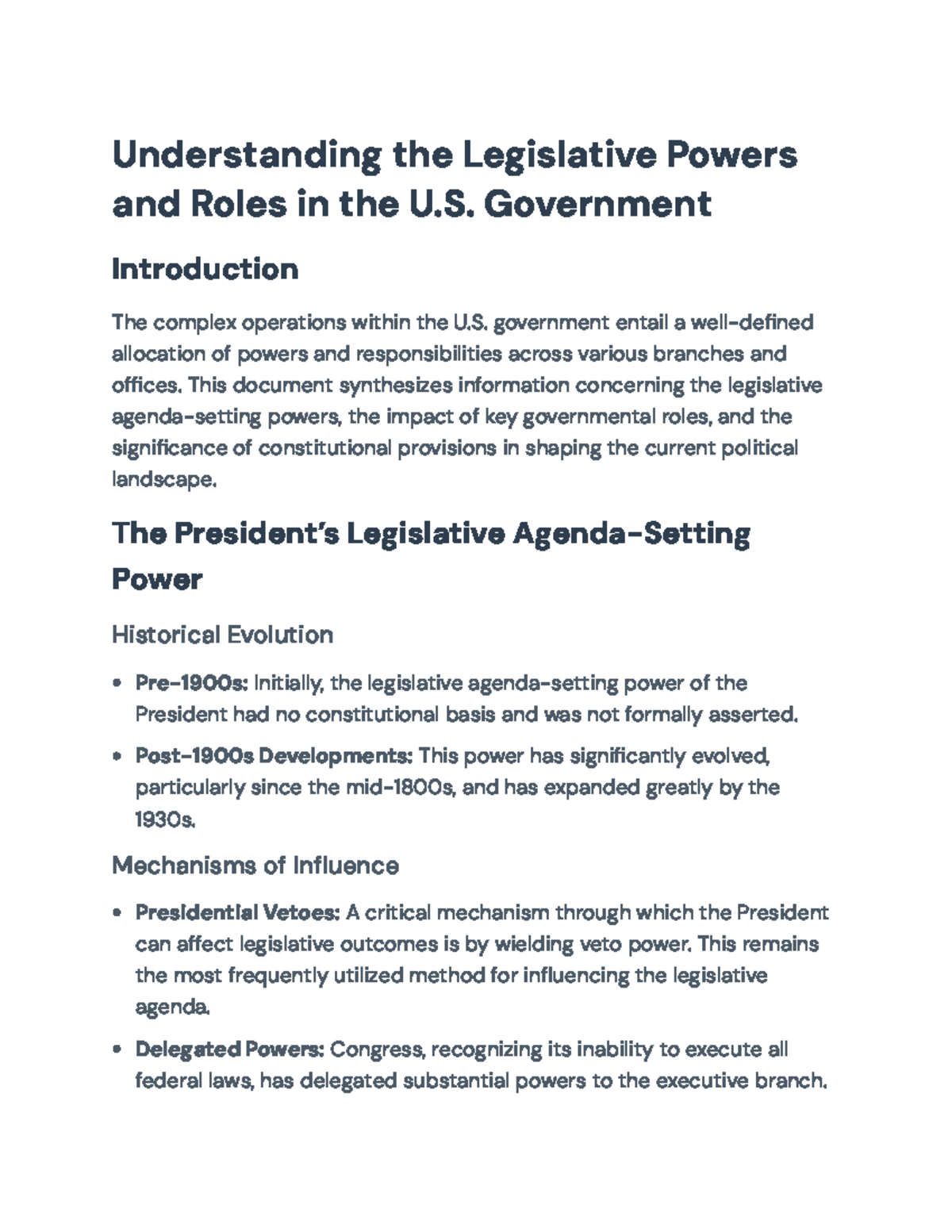 Legislative Powers and Roles in U.S. Government: An Overview and ...