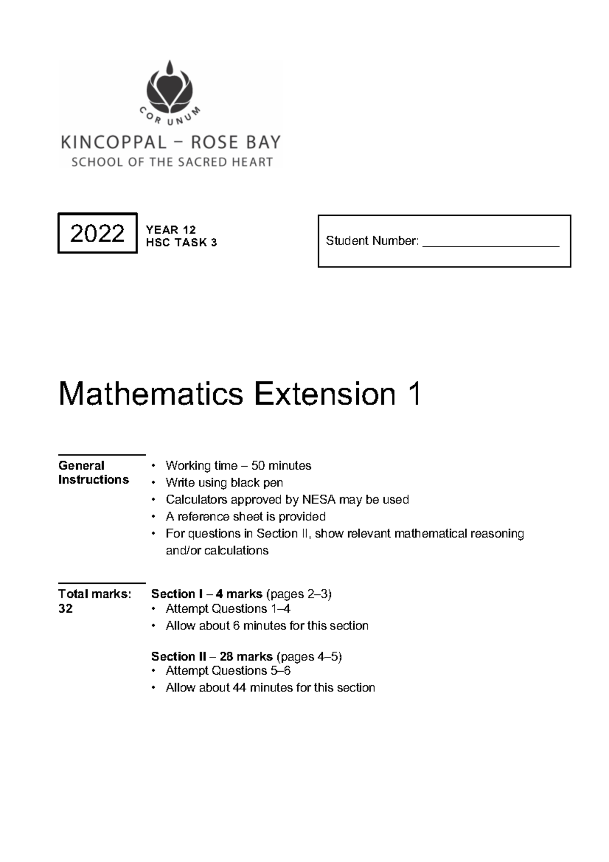 2022 Year 12 HSC Mathematics Extension 1 Task 3 Exam Guide - Studocu