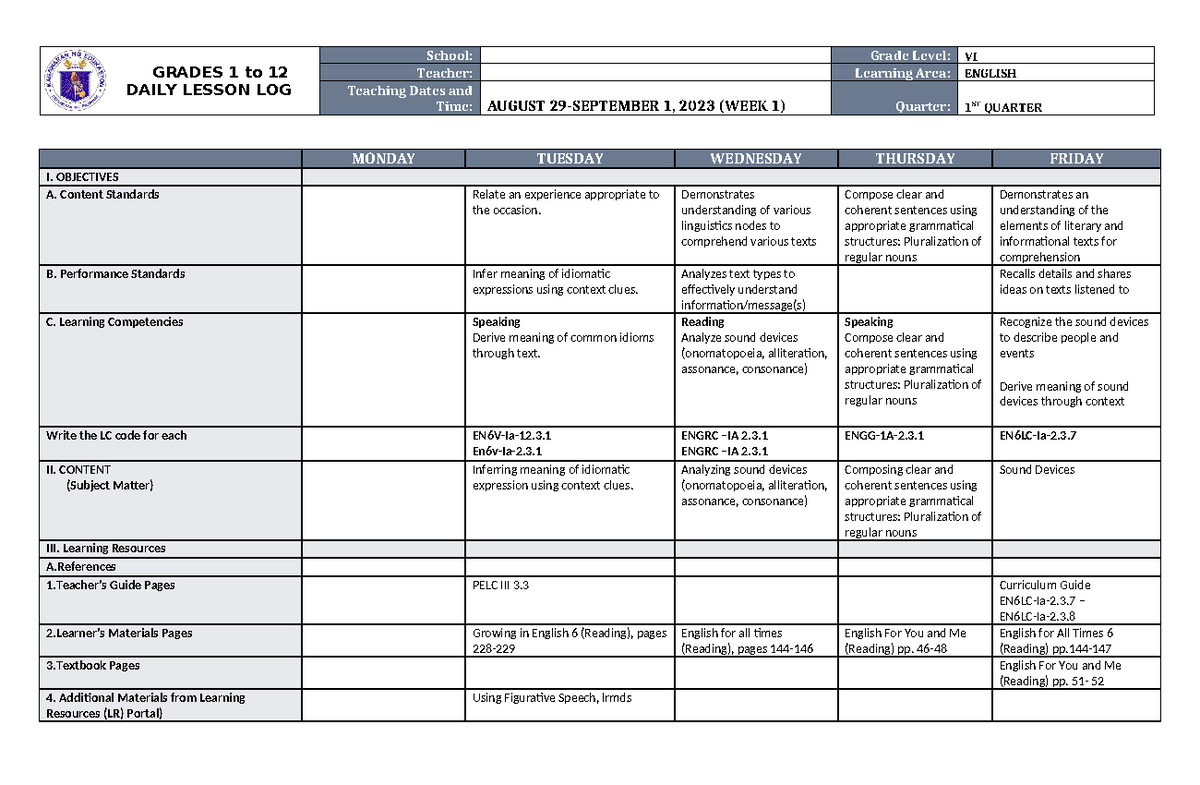 DLL English 6 Q1 W1 - Comprehensive Daily Lesson Plan for Grade VI ...