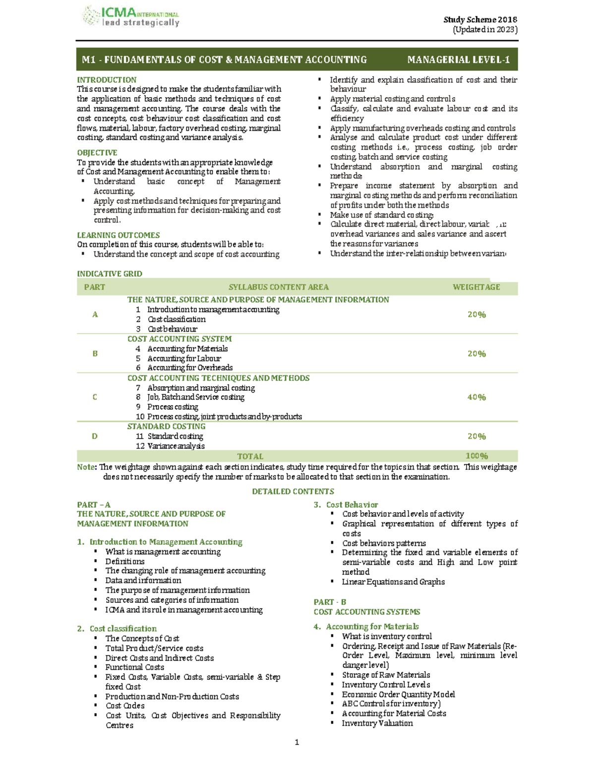 M1 FUNDAMENTALS OF COST MANAGEMENT ACCOUNTING STUDY SCHEME 2023 - Studocu