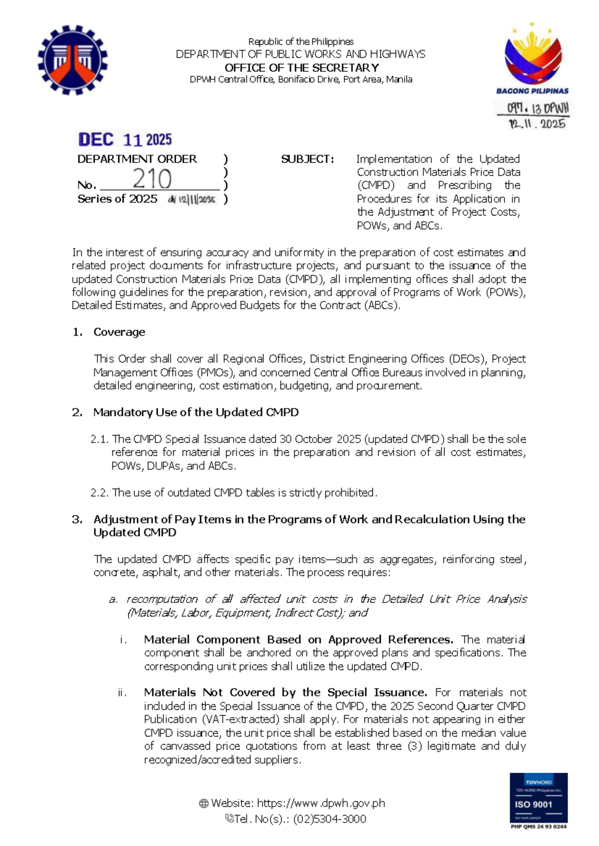 DO 210 s2025: Implementation of Updated CMPD for Project Cost ...
