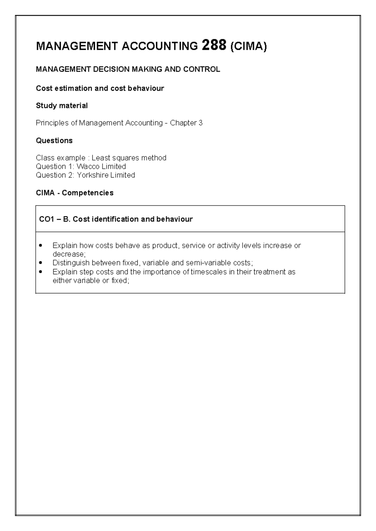 CIMA 288 Management Accounting: Cost Estimation & Behaviour Notes - Studocu