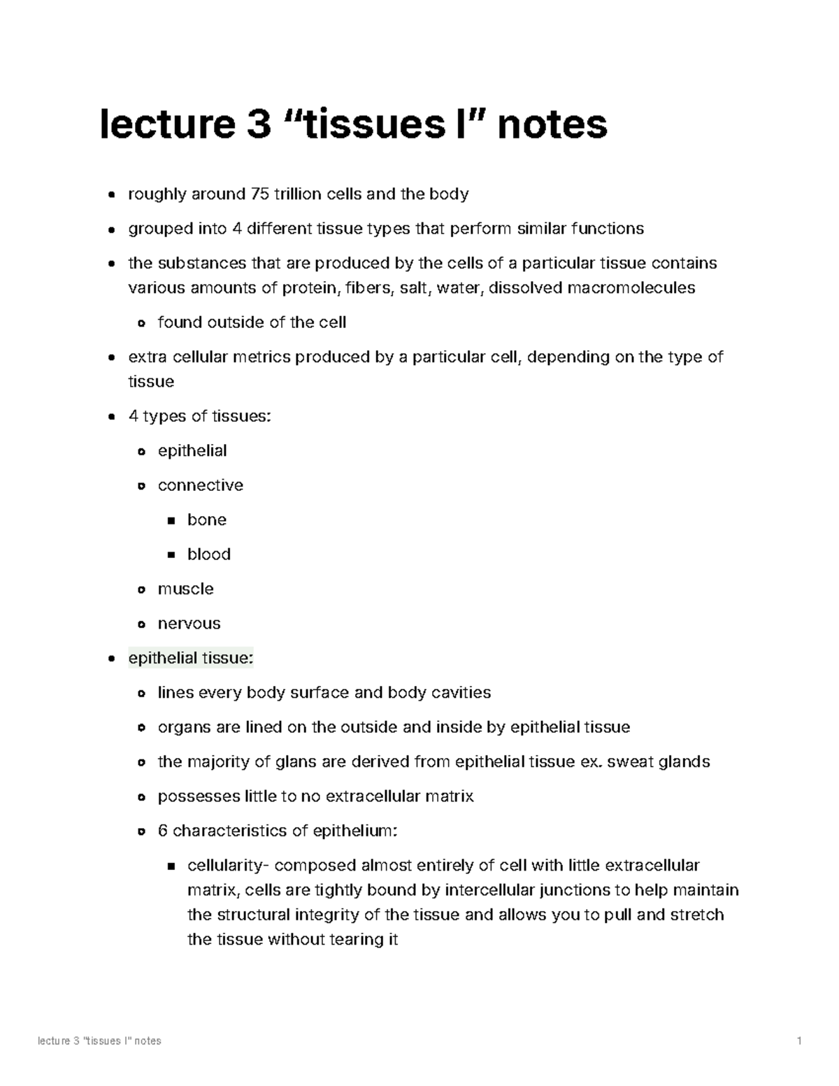BMS101 Lecture 3 Notes: Epithelial Tissue Overview and Functions - Studocu