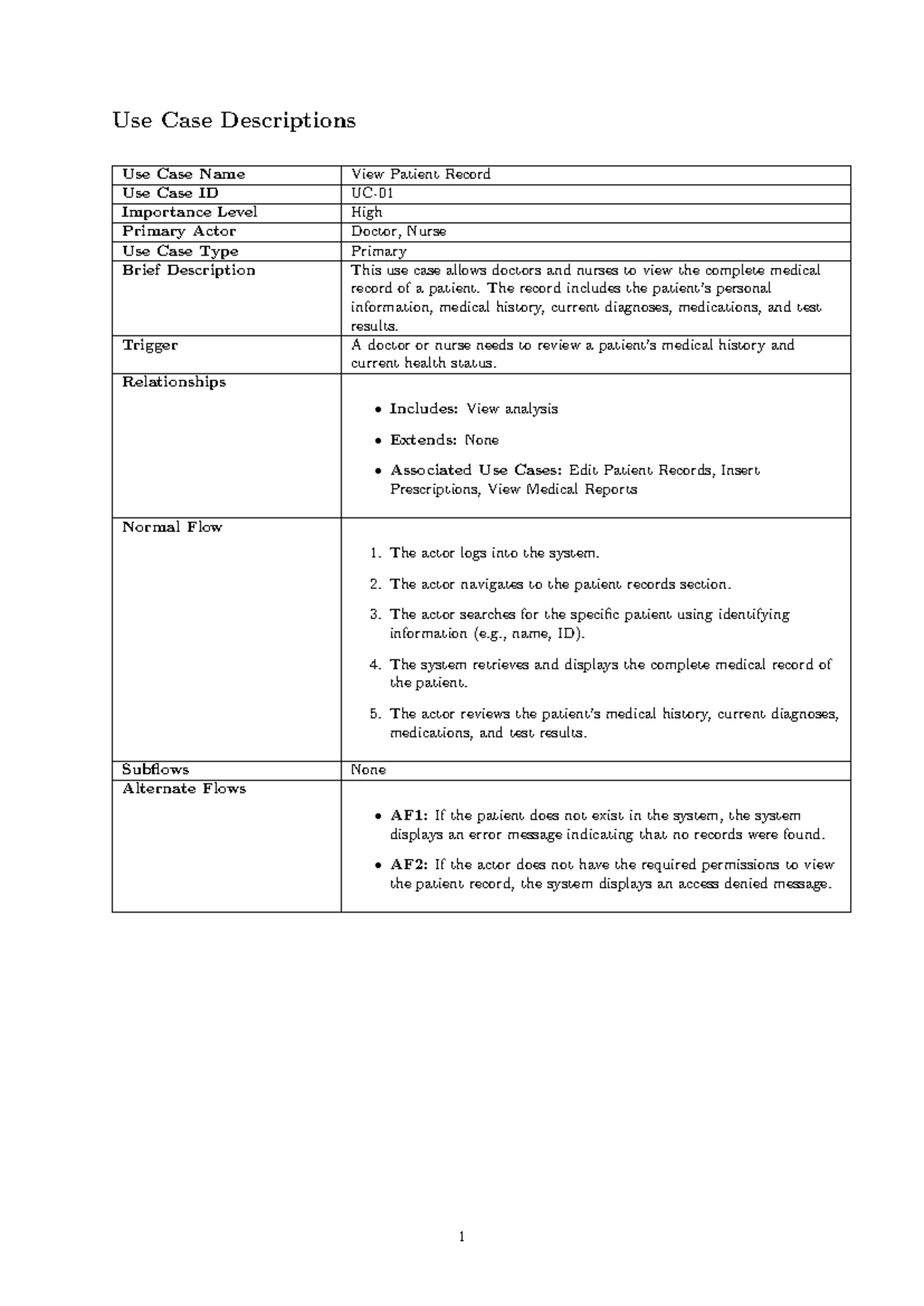 Use Case Description - Use Case Descriptions Use Case Name View Patient ...