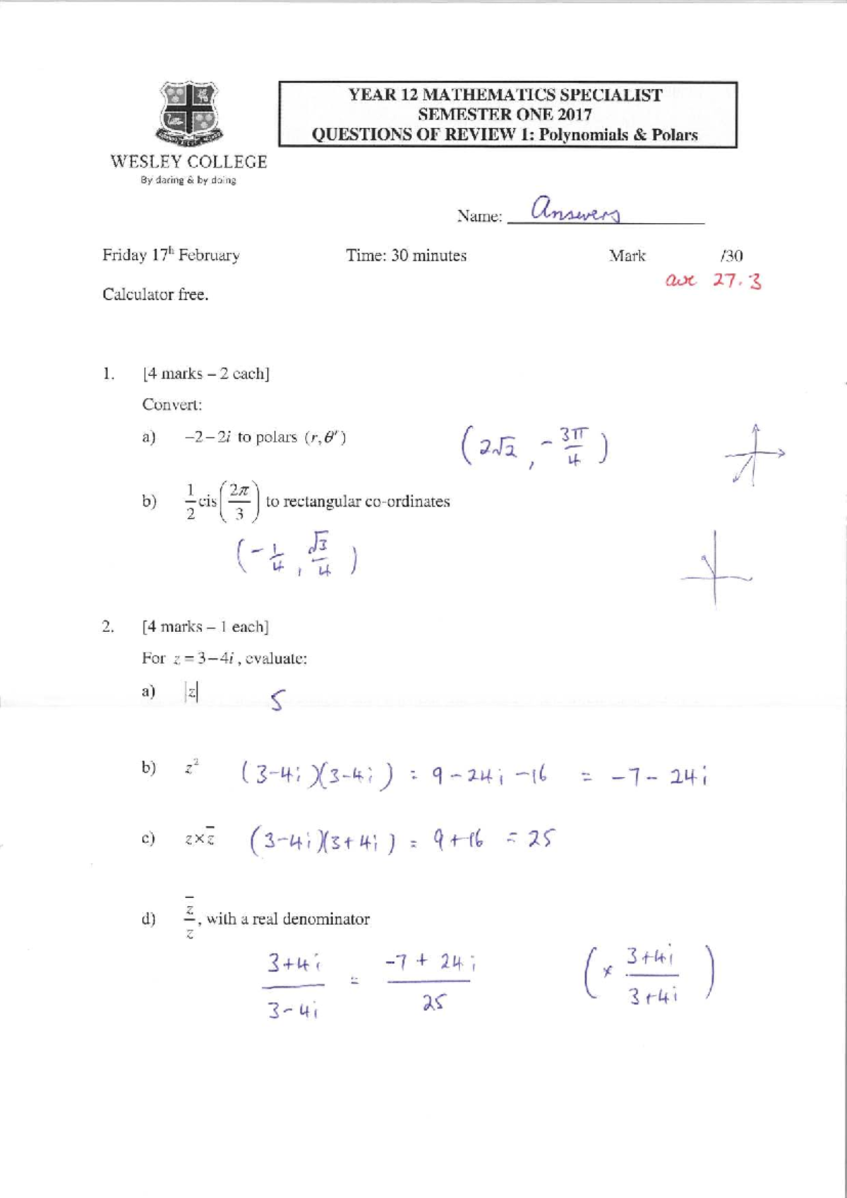 YEAR 12 MATHEMATICS SPECIALIST SEM 1 2017 REVIEW 1 POLYNOMIALS - Studocu