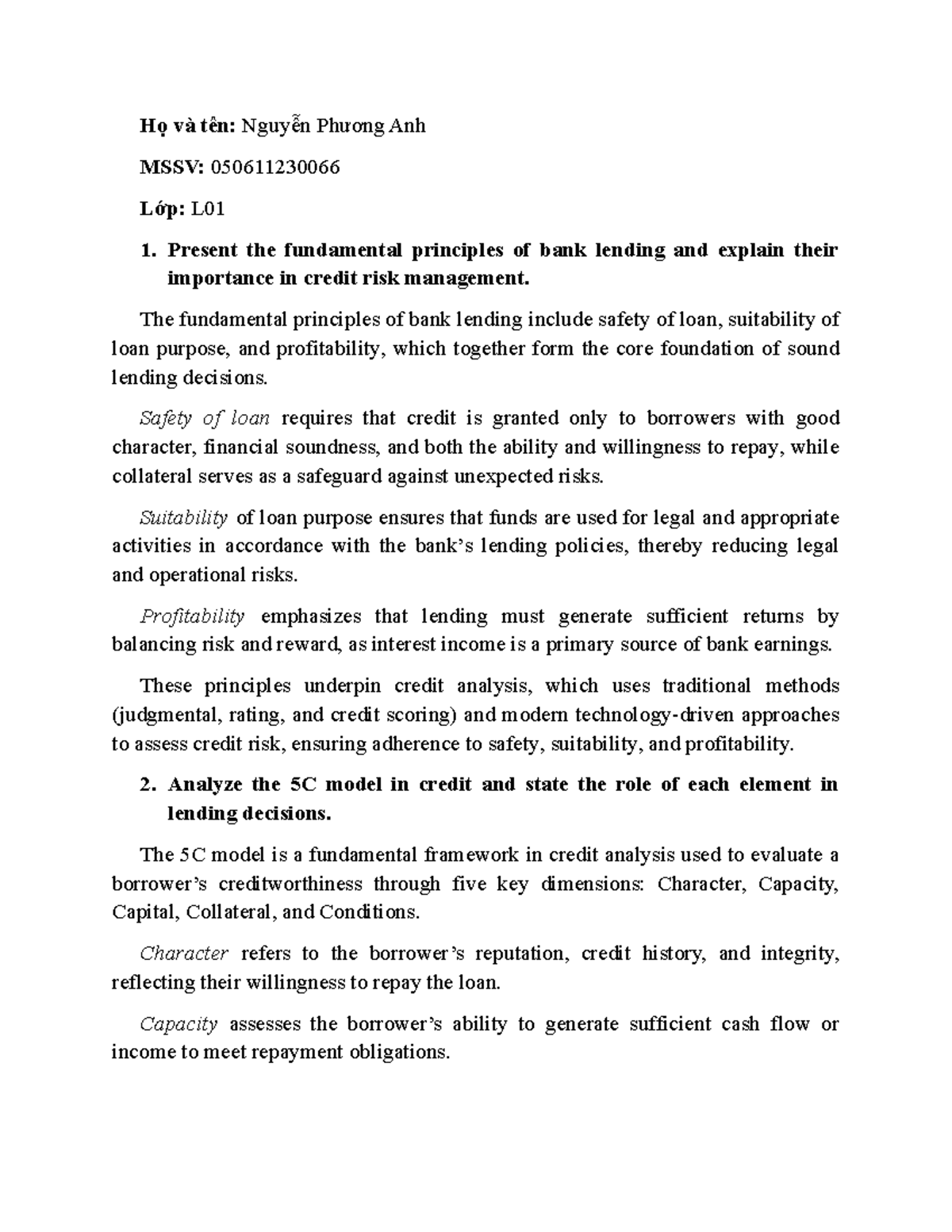 BANK Lending Principles and 5C Model Analysis for Credit Risk ...