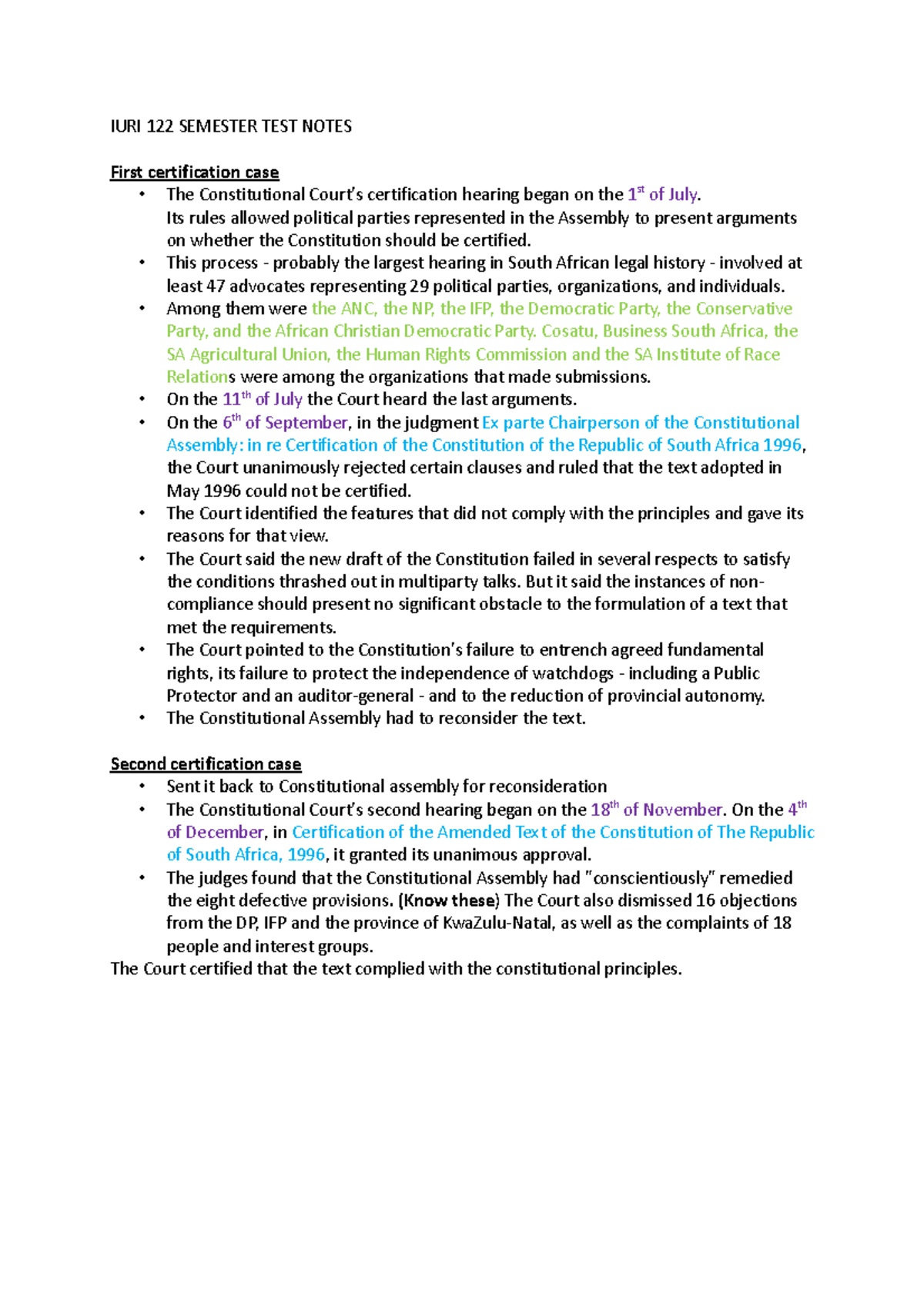 IURI 122 Semester Test Notes on Constitutional Certification Cases ...