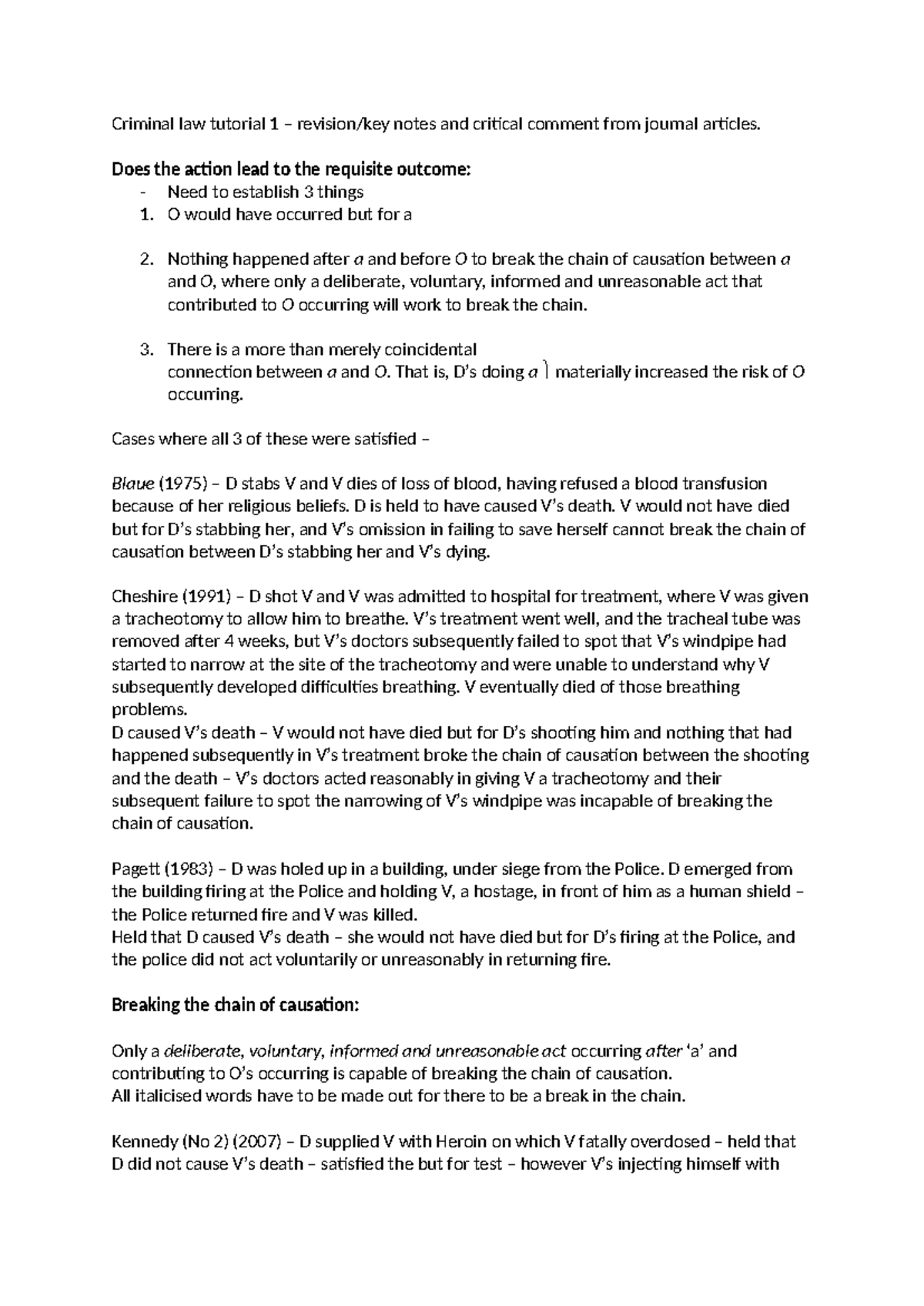 Criminal Law Tutorial 1: Key Notes on Causation and Case Analysis - Studocu