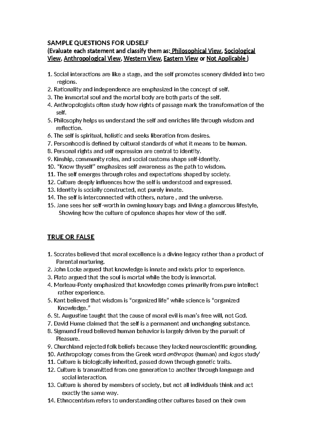SAMPLE QUESTIONS FOR UDSELF: Philosophical & Sociological Views ...