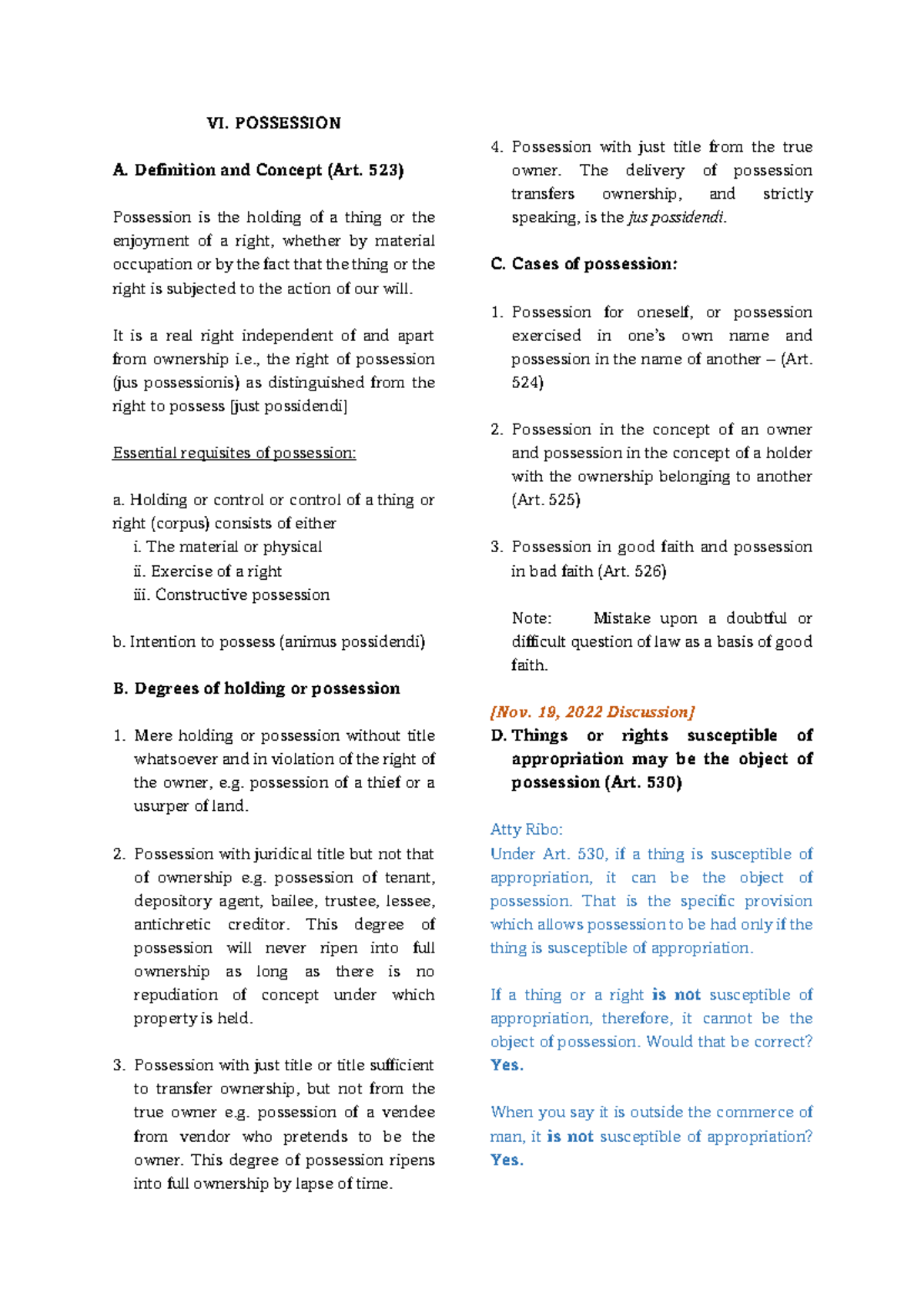Possession Transcribed - VI. POSSESSION A. Definition and Concept (Art ...