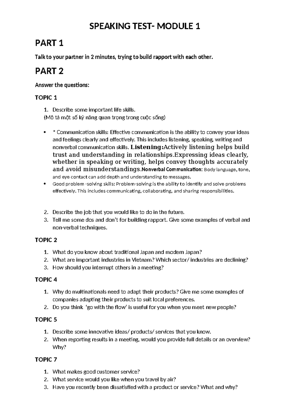 Speaking Test Topics - Ethnmjkgxssxcjnnojm (Module 1) - Studocu