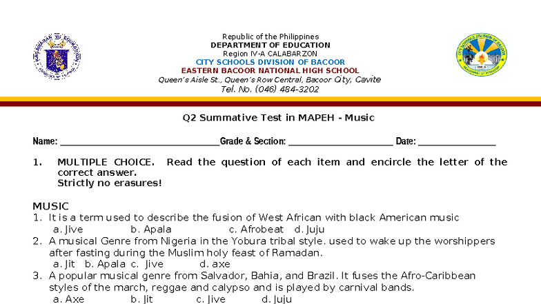 Q2 ST MAPEH Music - Grade 10 Summative Test Questions - Studocu