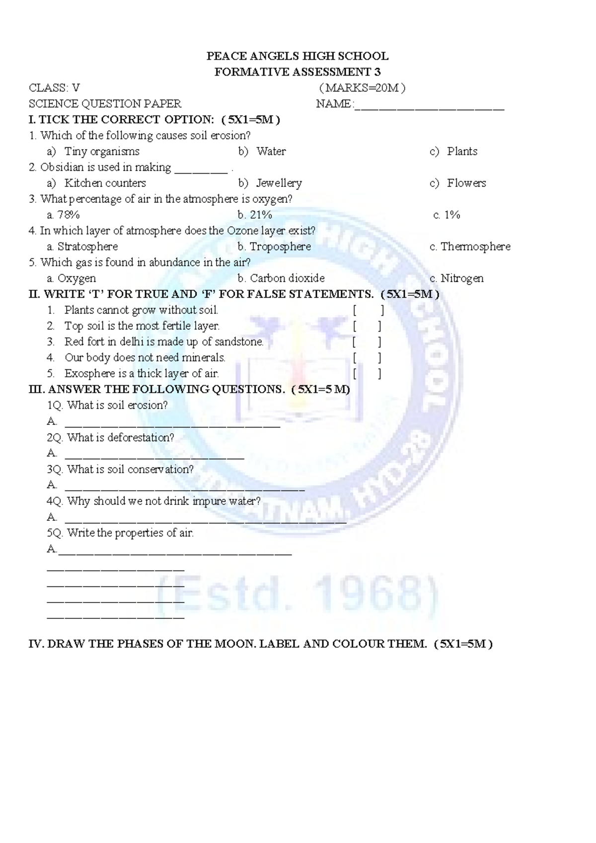 FA-3 Science Question Paper - Class V (PEACE ANGELS HIGH SCHOOL) - Studocu