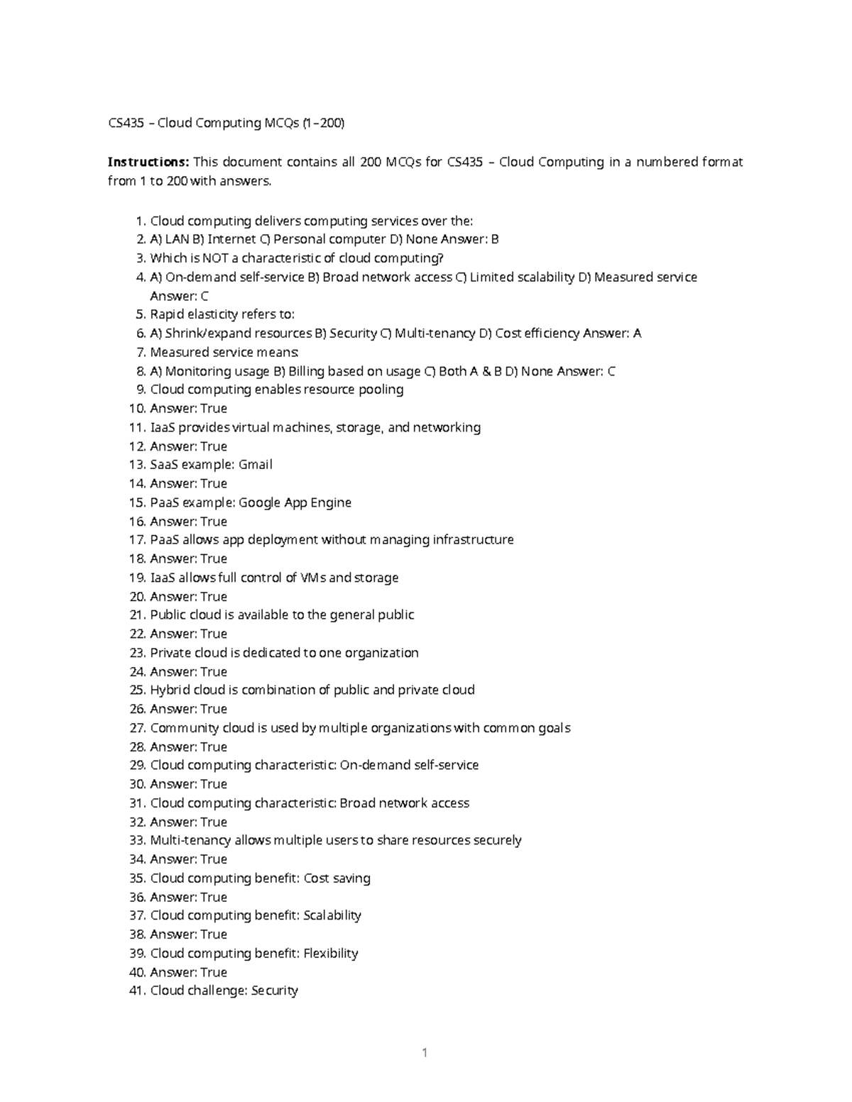 CS435 Cloud Computing: Complete MCQs with Answers - Studocu
