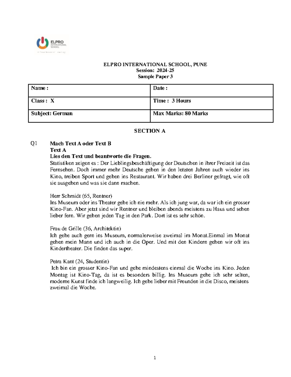 Grade 10 German Sample Paper 3 (2024-25) - Comprehensive Exam Questions ...