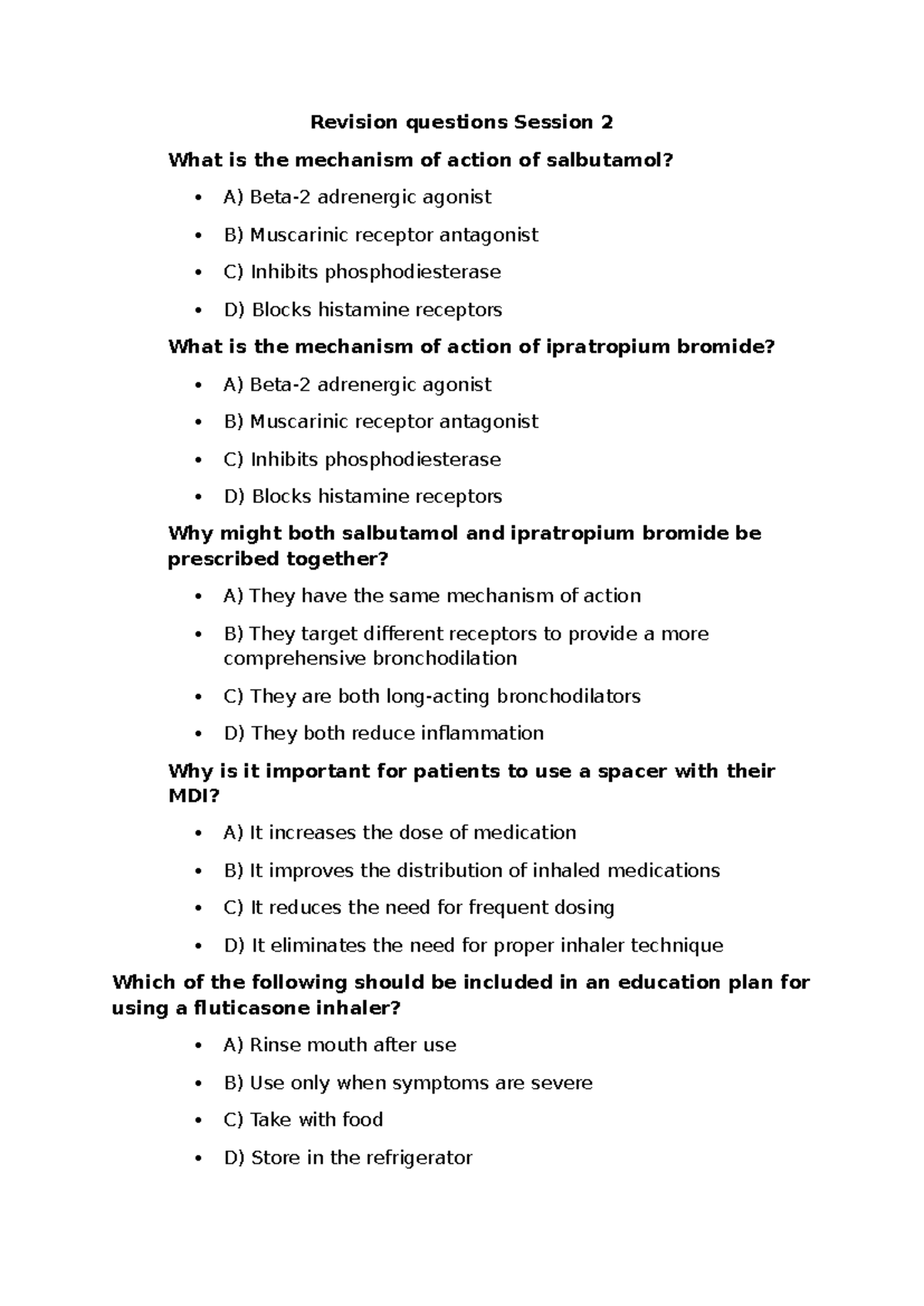 PHAR 101: Revision Questions for Session 2 on Drug Mechanisms and ...