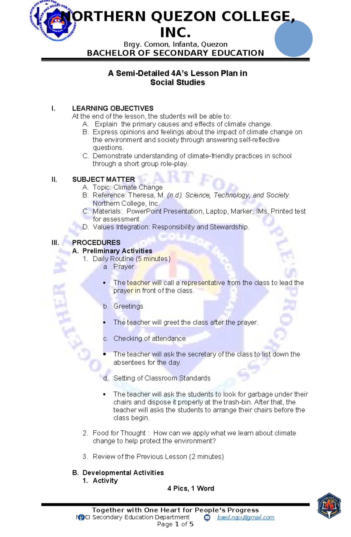 BSED LP: Climate Change Lesson Plan for Social Studies - Studocu