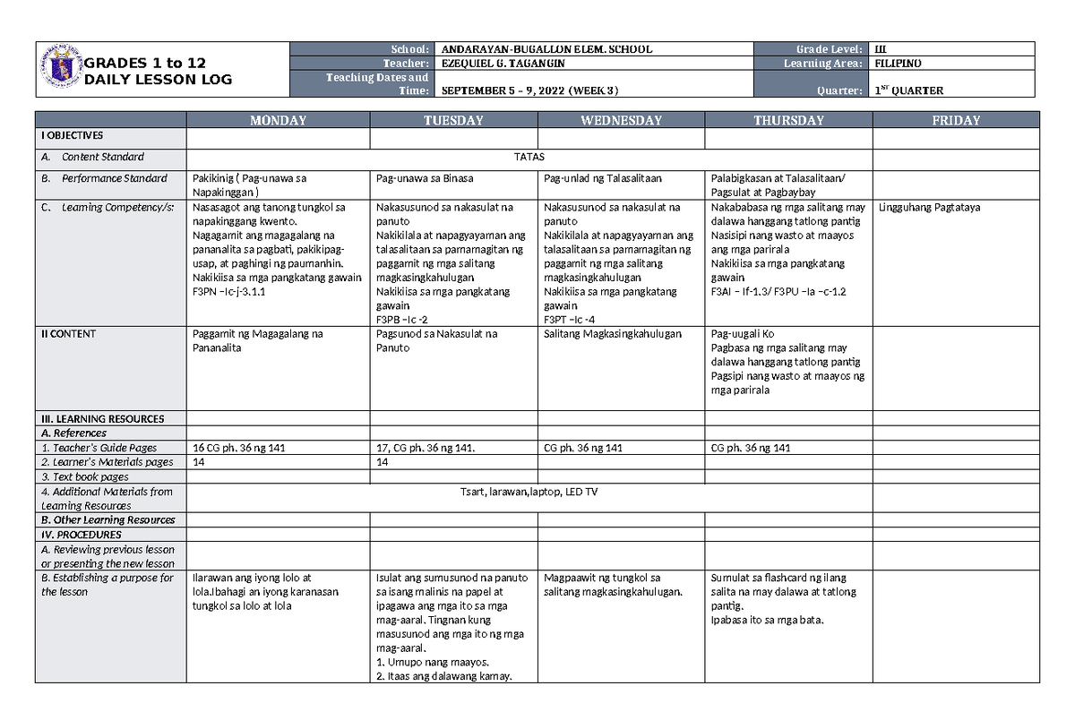 DLL Filipino 3 Q1 Week 3 Lesson Plan and Activities - Studocu