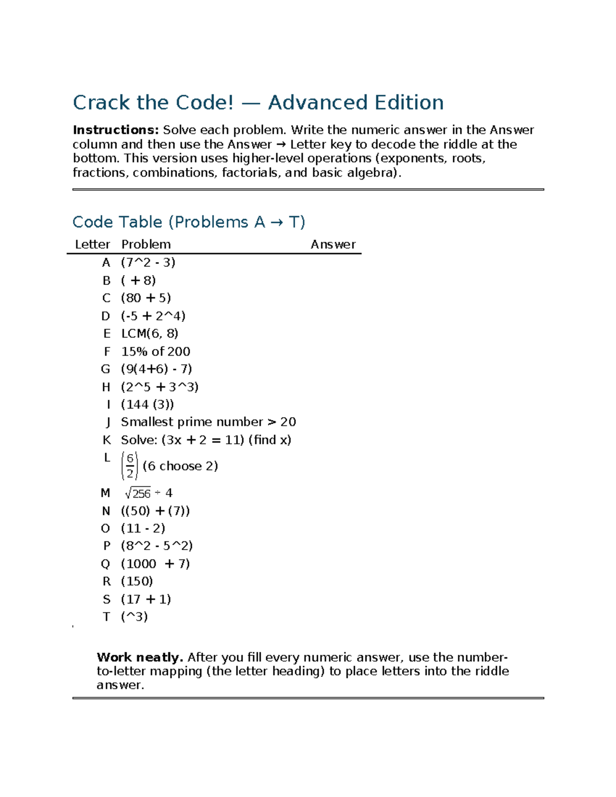 Crack the Code! Advanced Worksheet Instructions & Riddle - Studocu