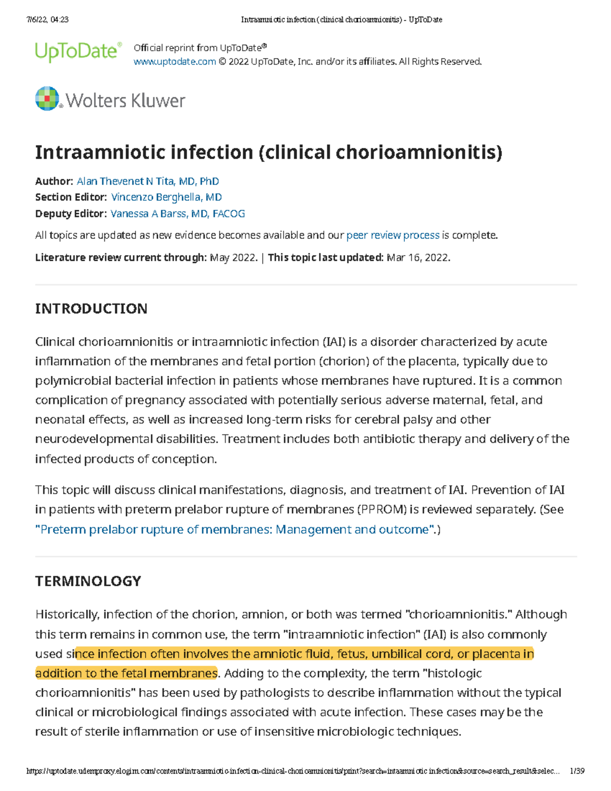 Intraamniotic infection (clinical chorioamnionitis) - - Studocu