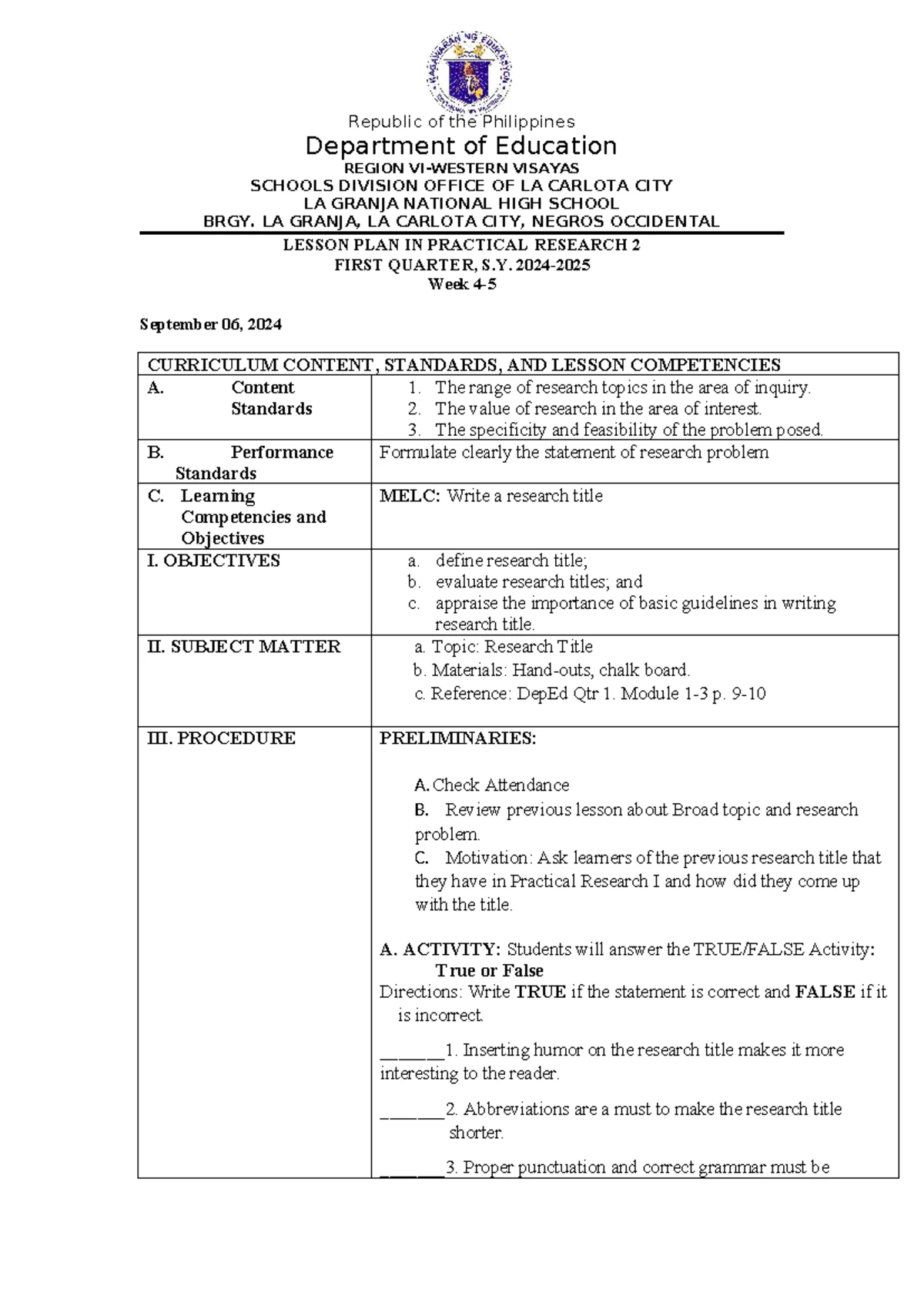 Lesson Plan Week 2: Practical Research 2 (PR2) Objectives and ...