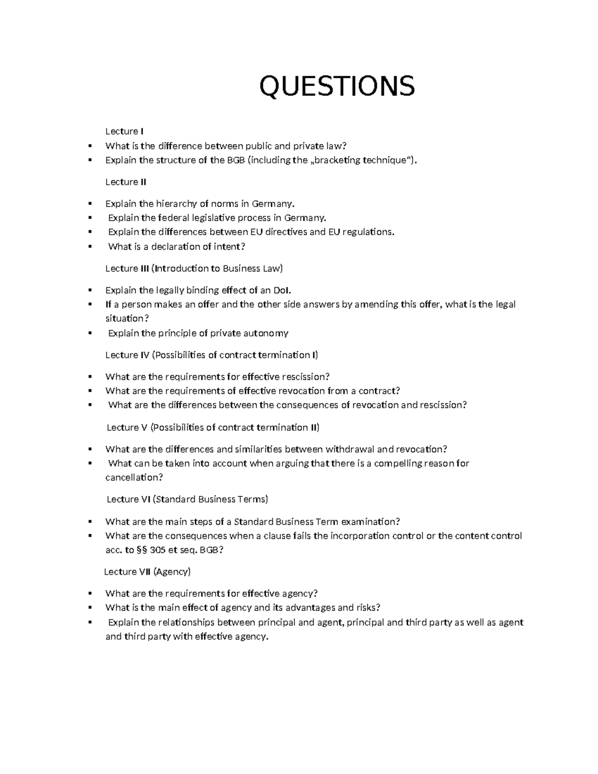 Business Law 1: Key Questions from Lectures I-VII - Studocu
