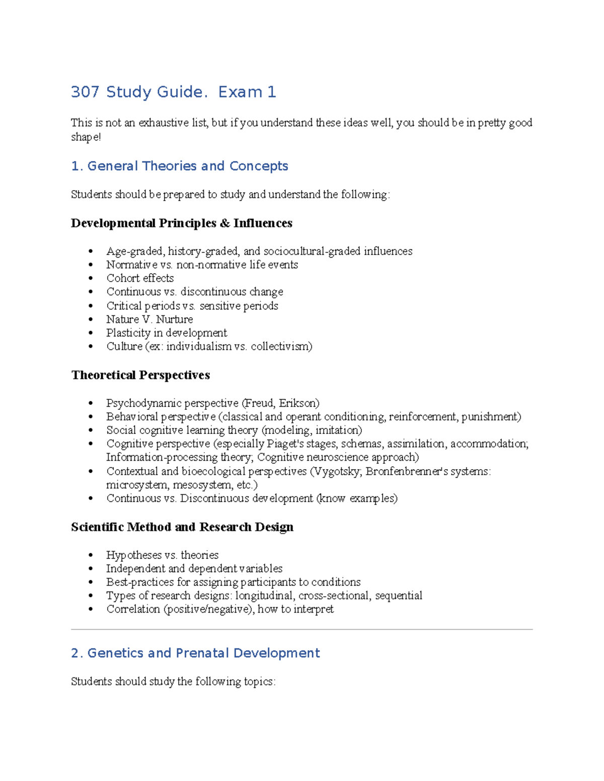 Exam 1 Study Guide for Developmental Psychology (PSY 307) - Studocu