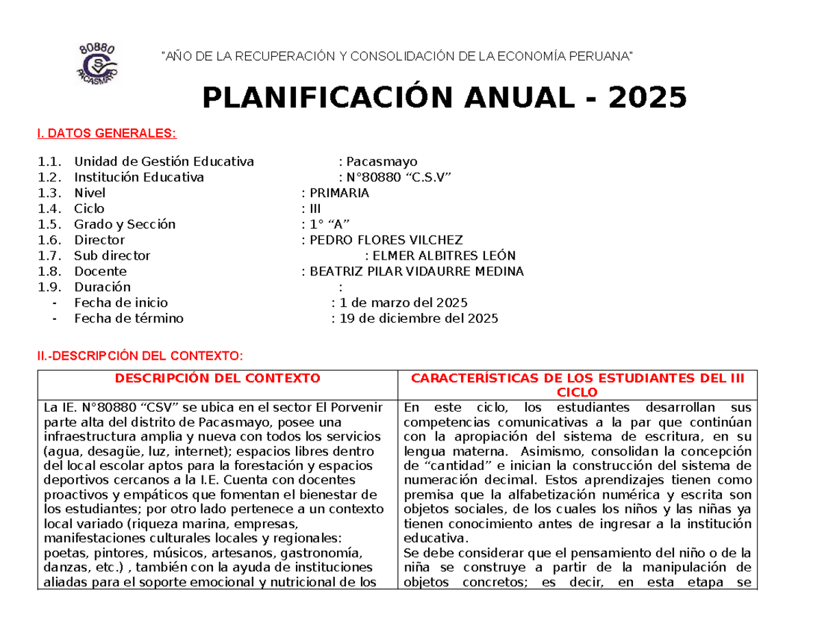 1° Grado plan anual - corregidaaa - PLANIFICACIÓN ANUAL - 2025 I. DATOS ...
