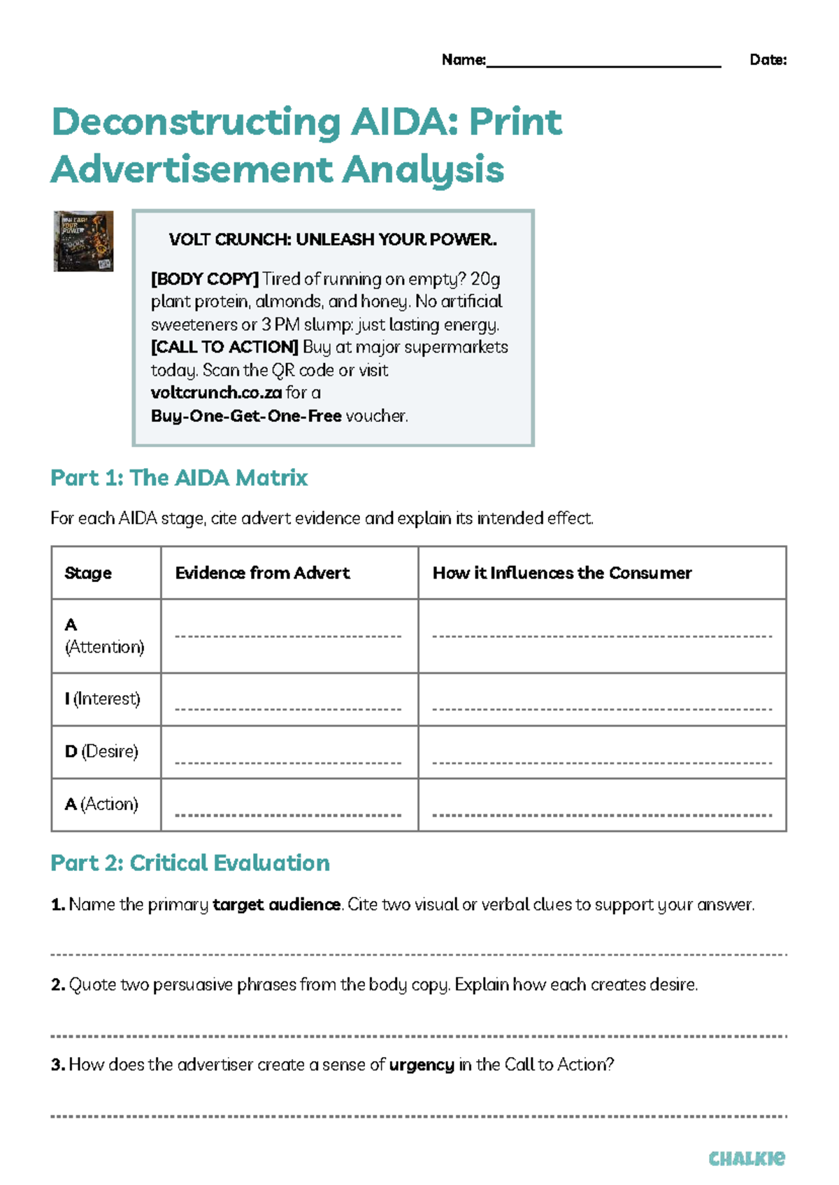 Deconstructing AIDA: Print Ad Analysis for VOLT CRUNCH - Studocu