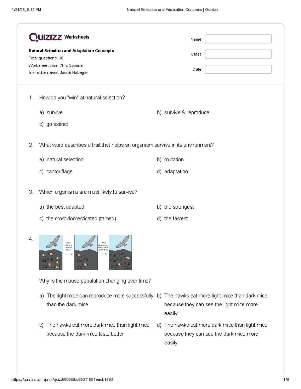 Natural Selection and Adaptation Concepts | Quizizz Worksheet ...