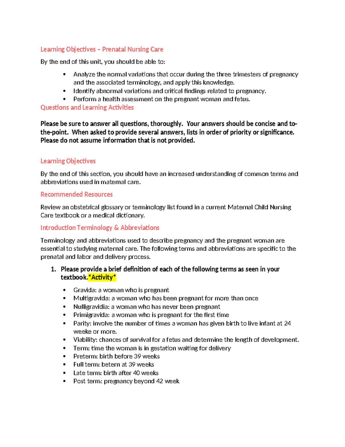 OB Case Study - Learning Objectives – Prenatal Nursing Care By the end ...