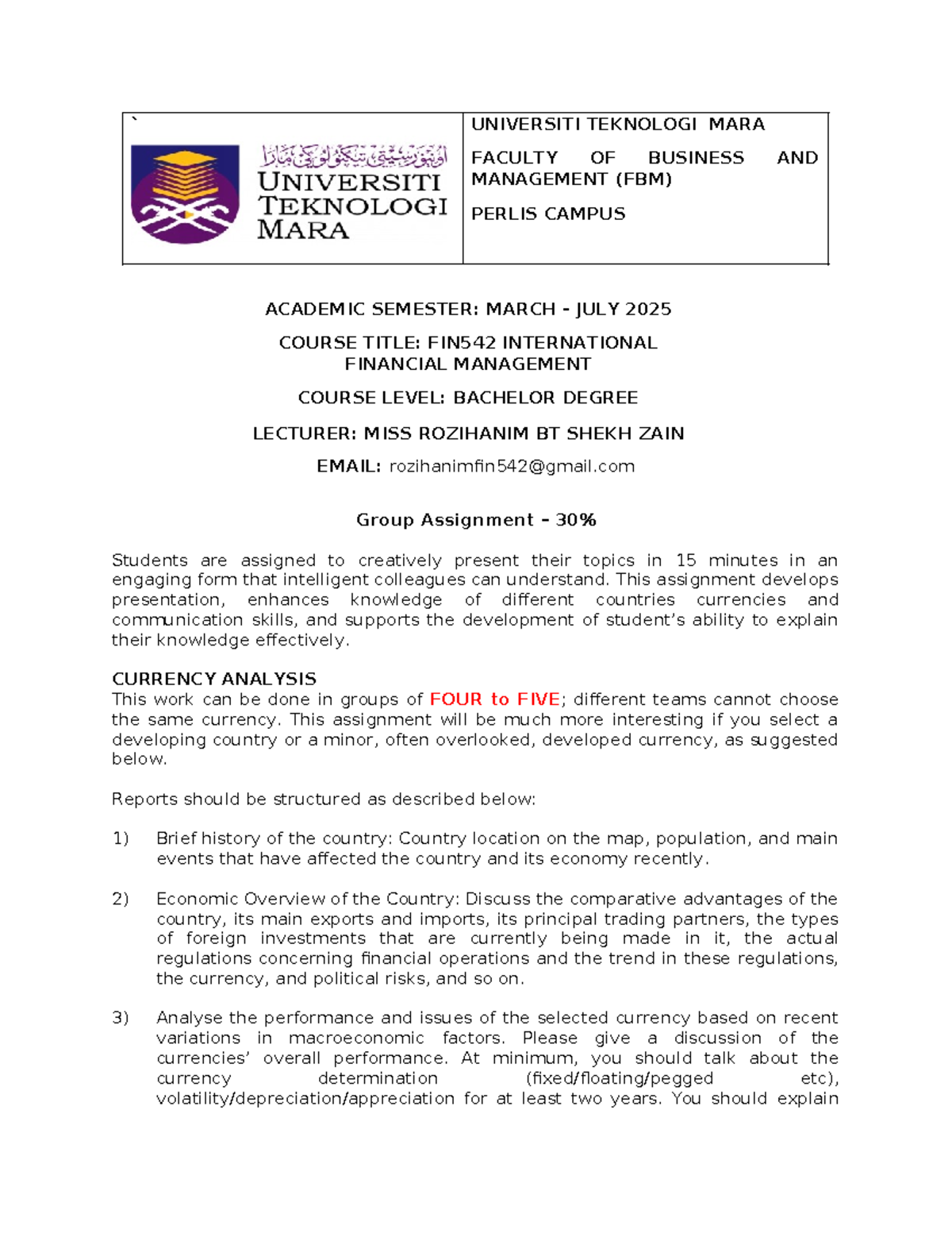 FIN542 Group Assignment: Currency Analysis & Presentation Guidelines ...