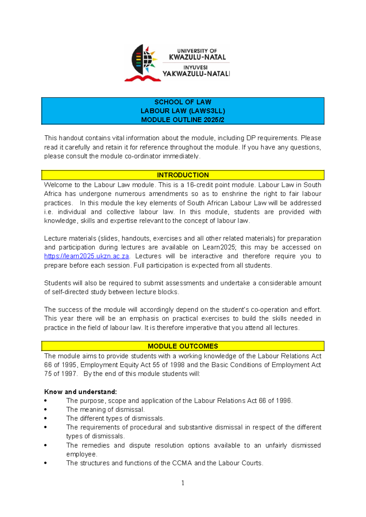 Labour Law Module Outline (LAWS3LL) - 2025 Full-Time Course - Studocu